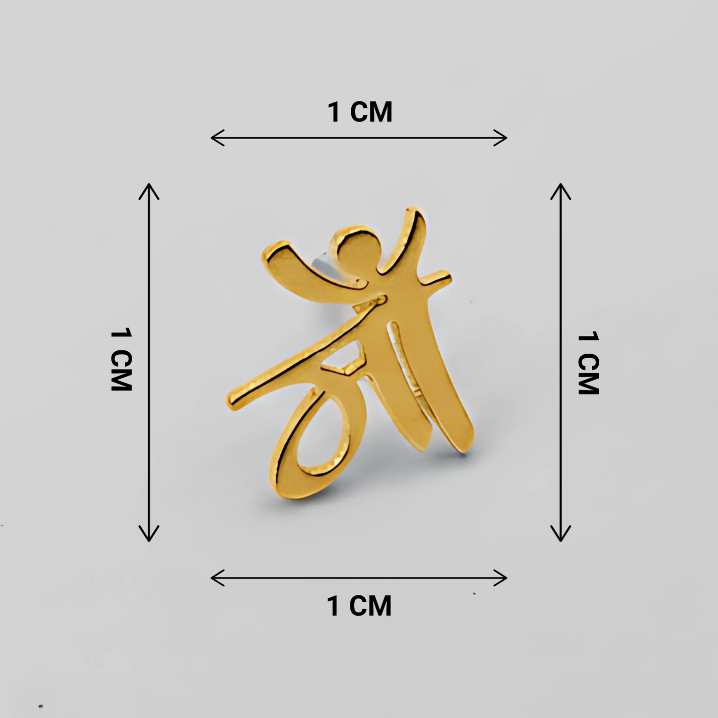Gold character with dimensions indicated on a gray background