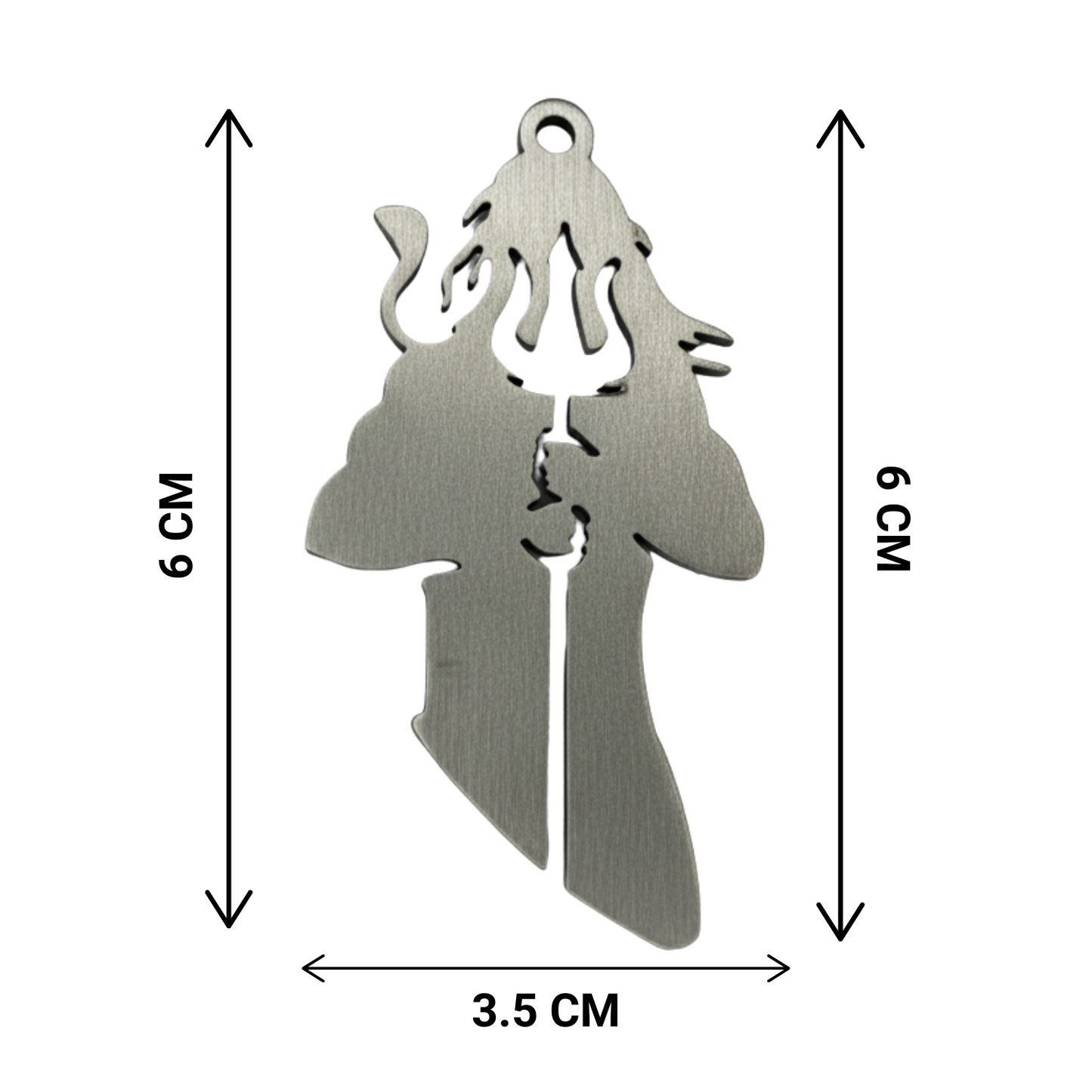 Metallic shiva pendant with measurements on a white background