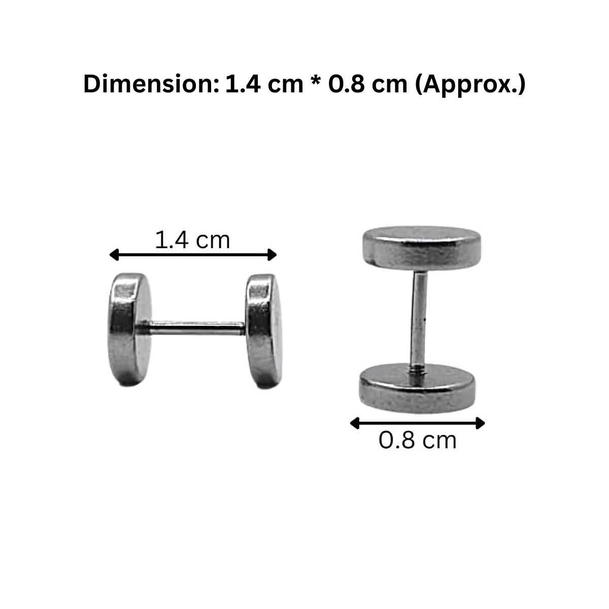 Pair of silver stud earrings with dimensions indicated on a white background