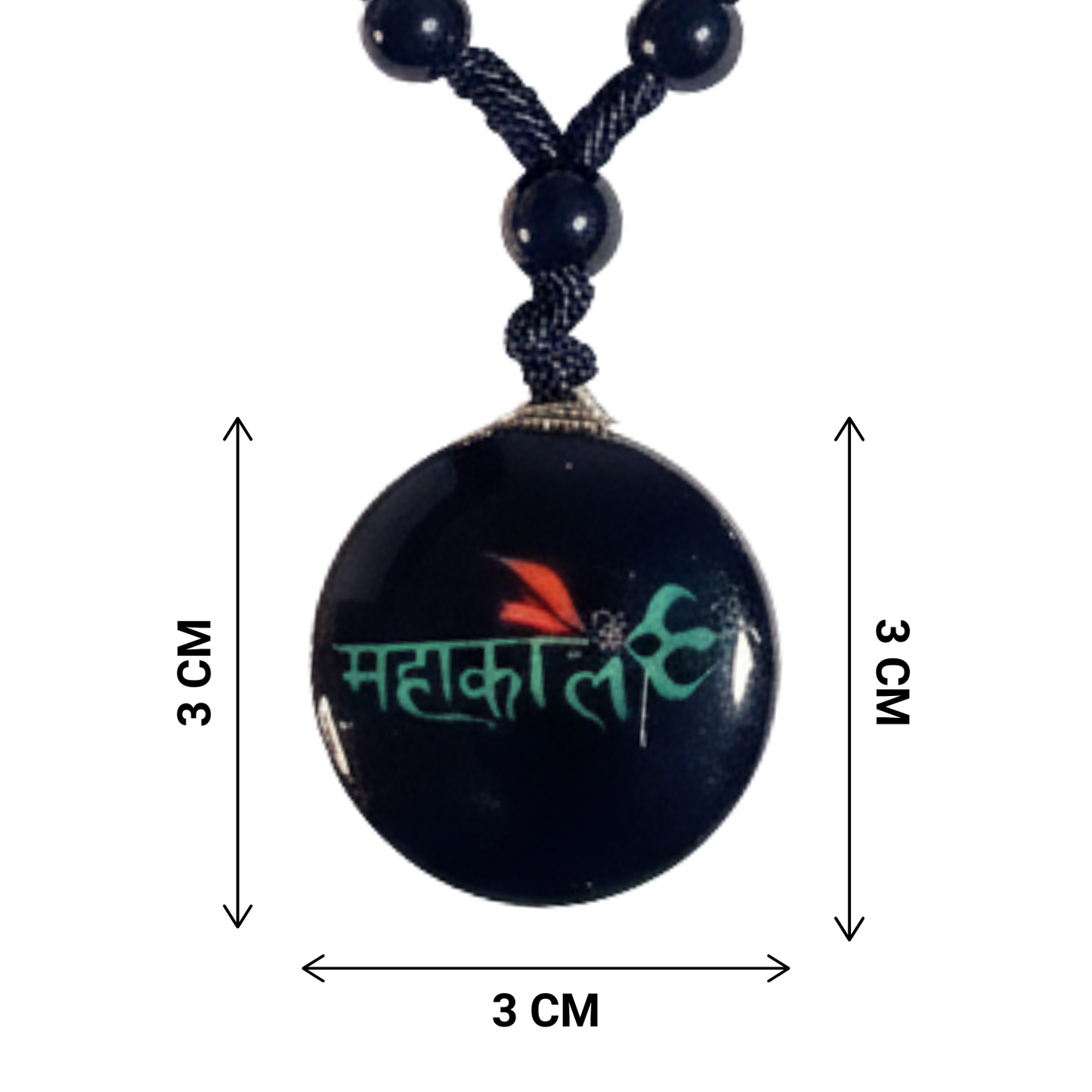 Measurement of Mahakal black beads pendant necklace in white background