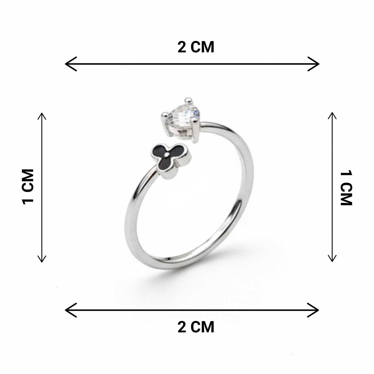 Silver ring with a heart-shaped gemstone and clover leaf design, shown with dimensions on a white background.
