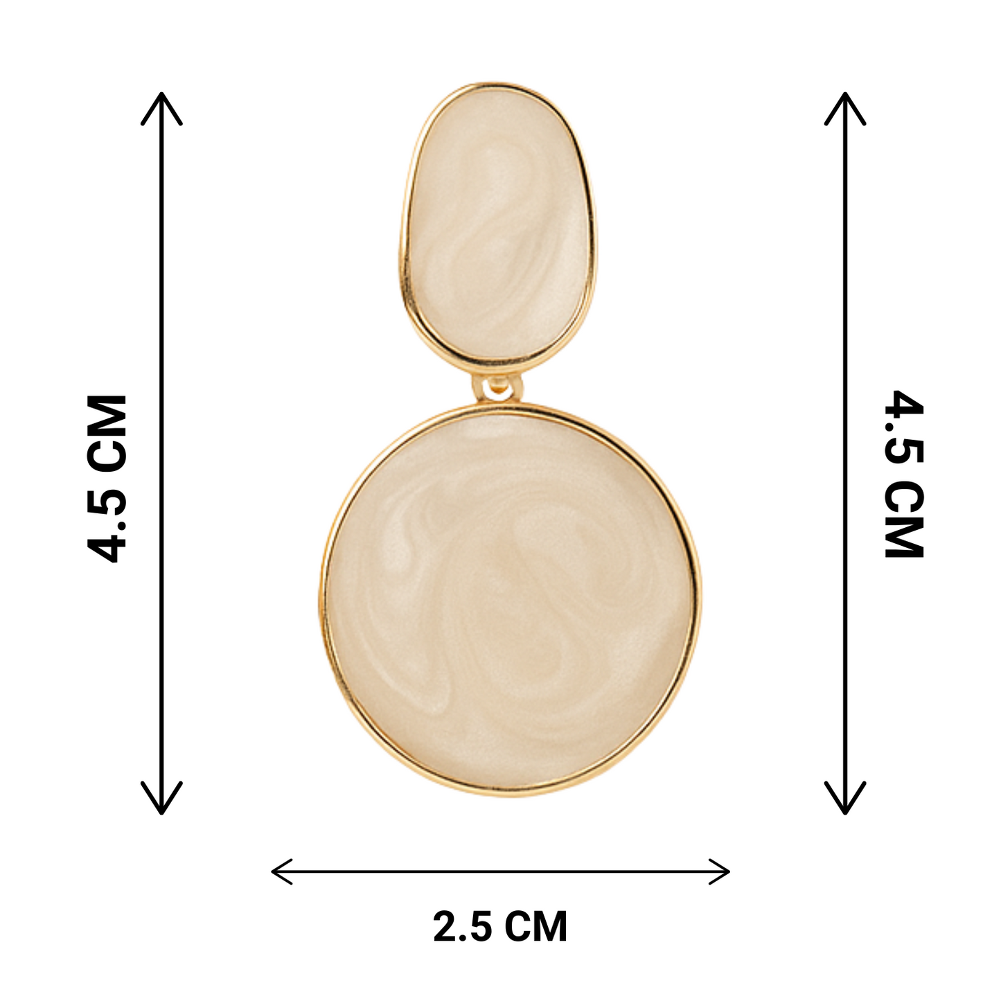 Beige earrings with gold accents and measurements on a white background