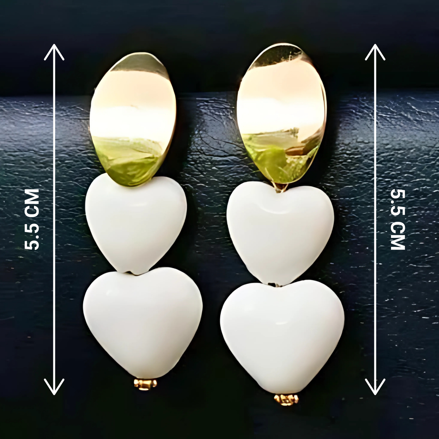 Pair of earrings with heart-shaped beads and gold accents, shown on a dark background with measurements.