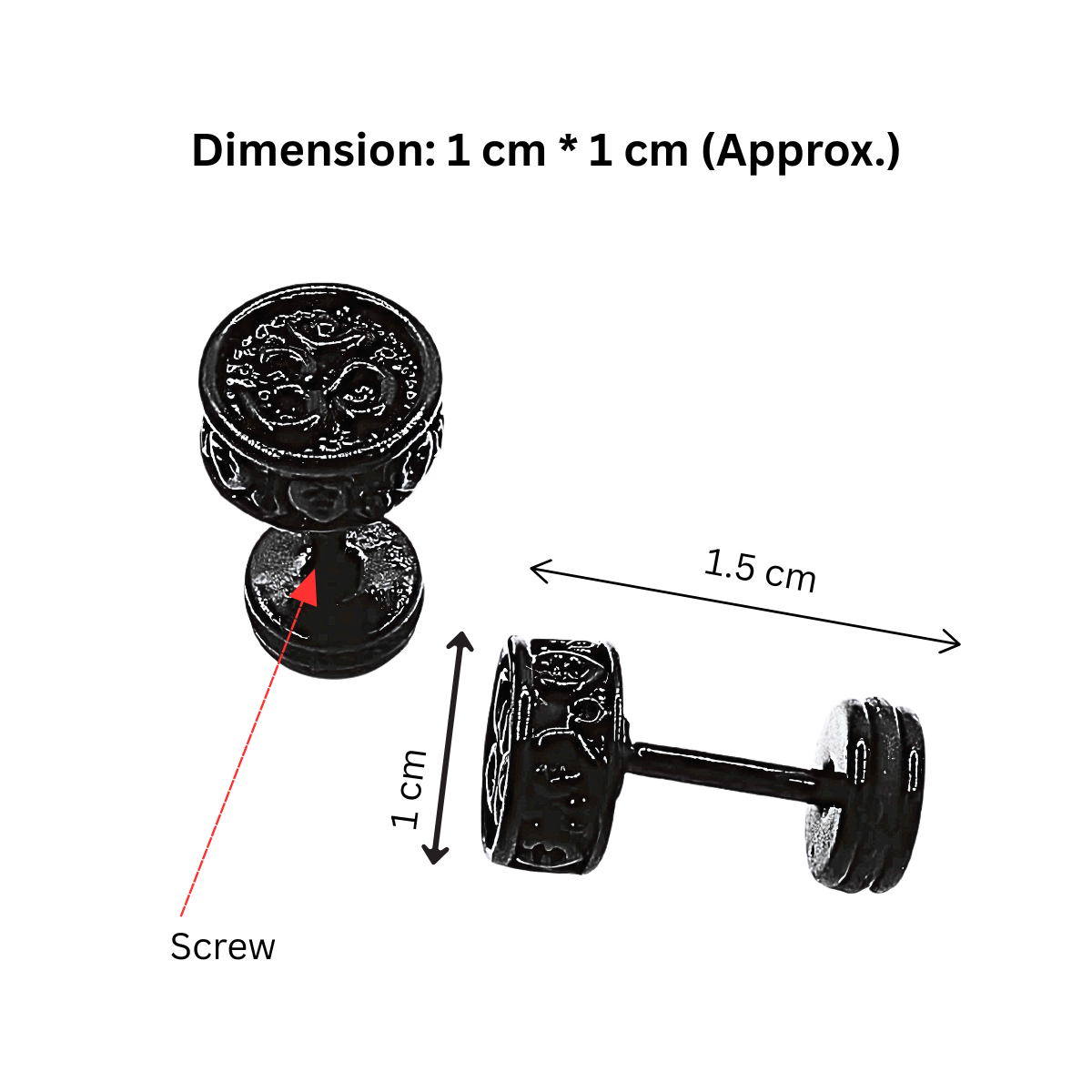 Black decorative earrings with measurements on a white background