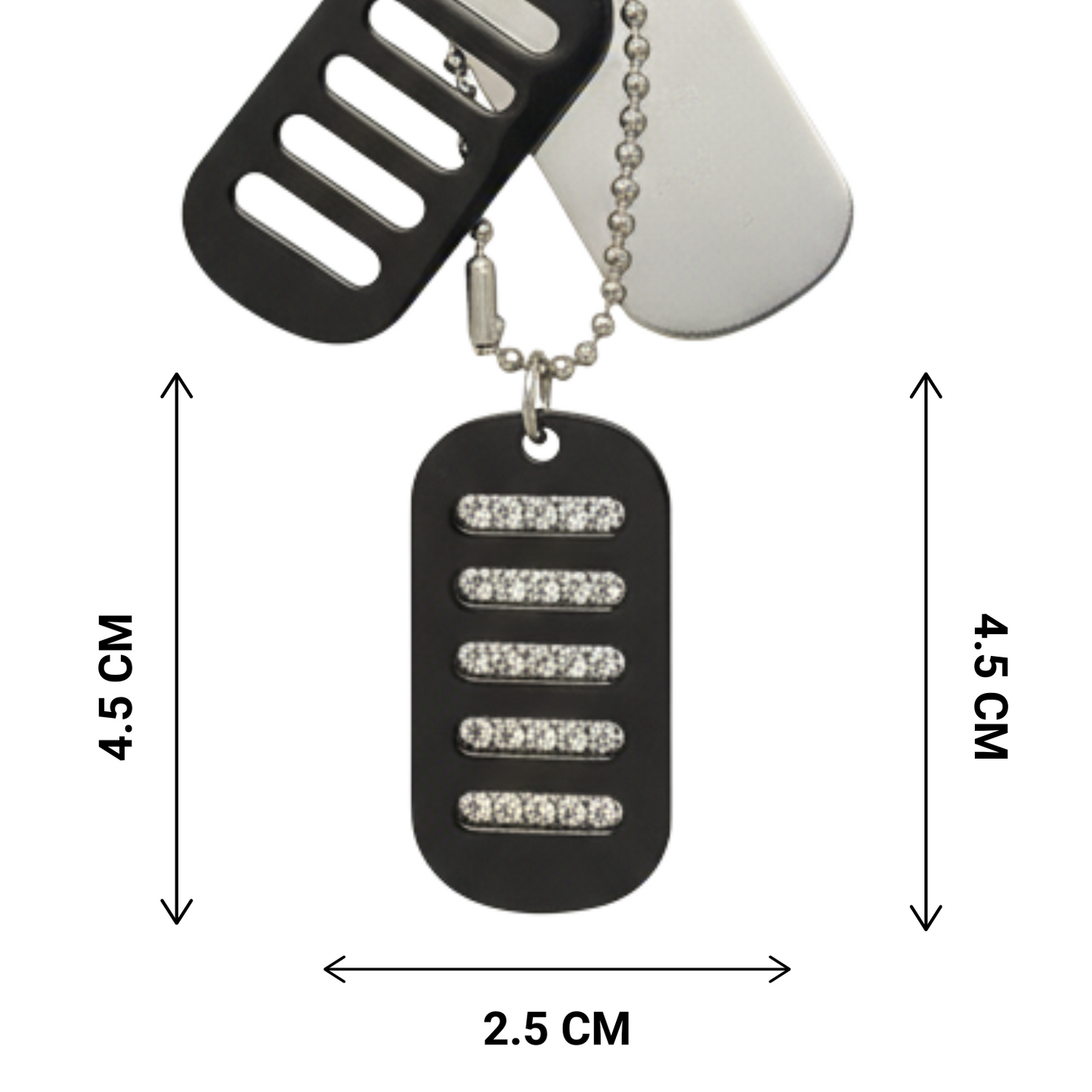 Black personalized tag with measurements on a white background