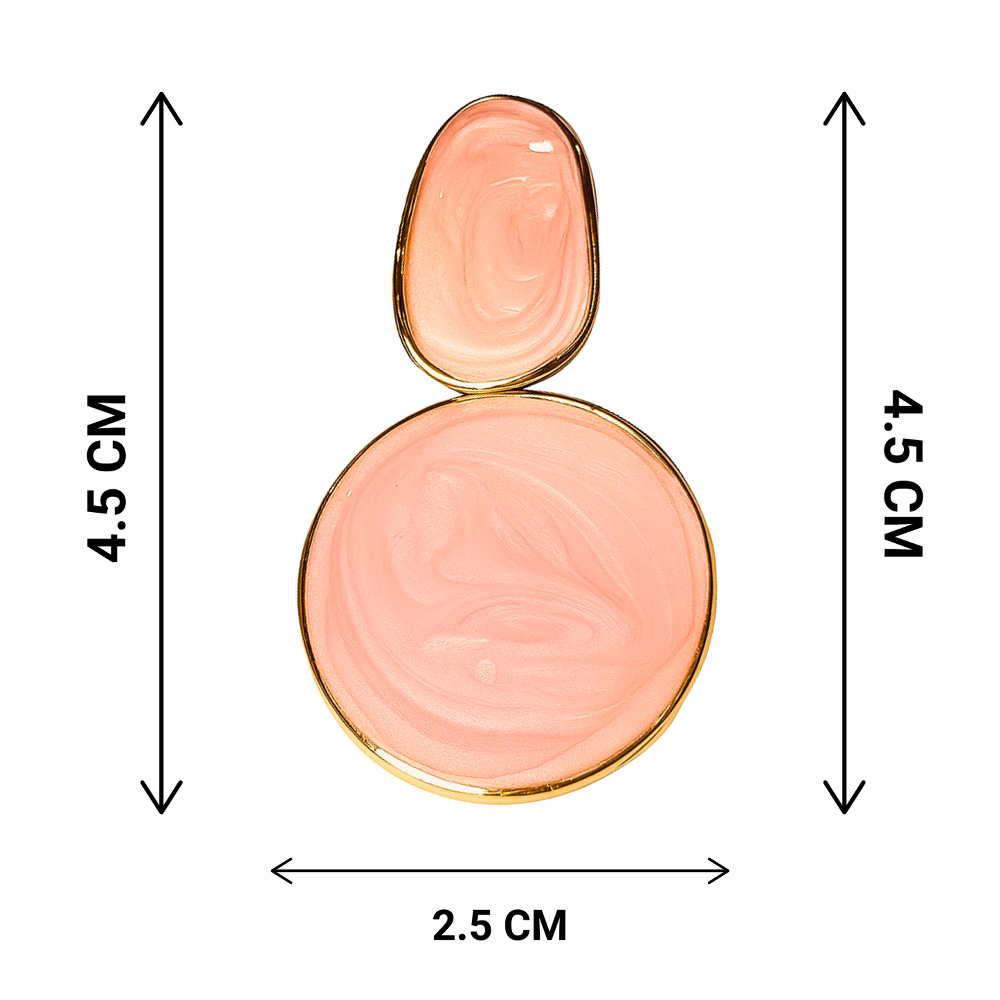 Measurement chart of pink earrings with gold accents on a white background