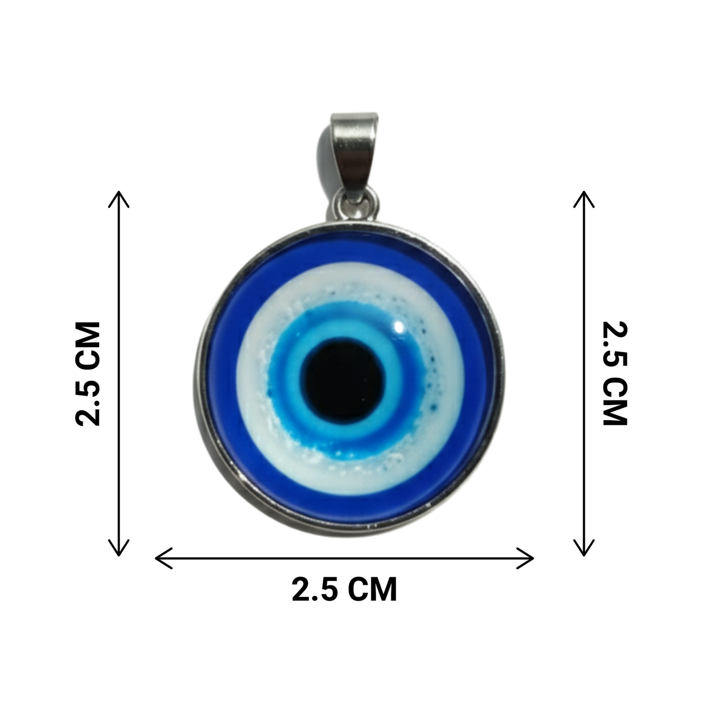 Blue evil eye pendant with measurements on a white background