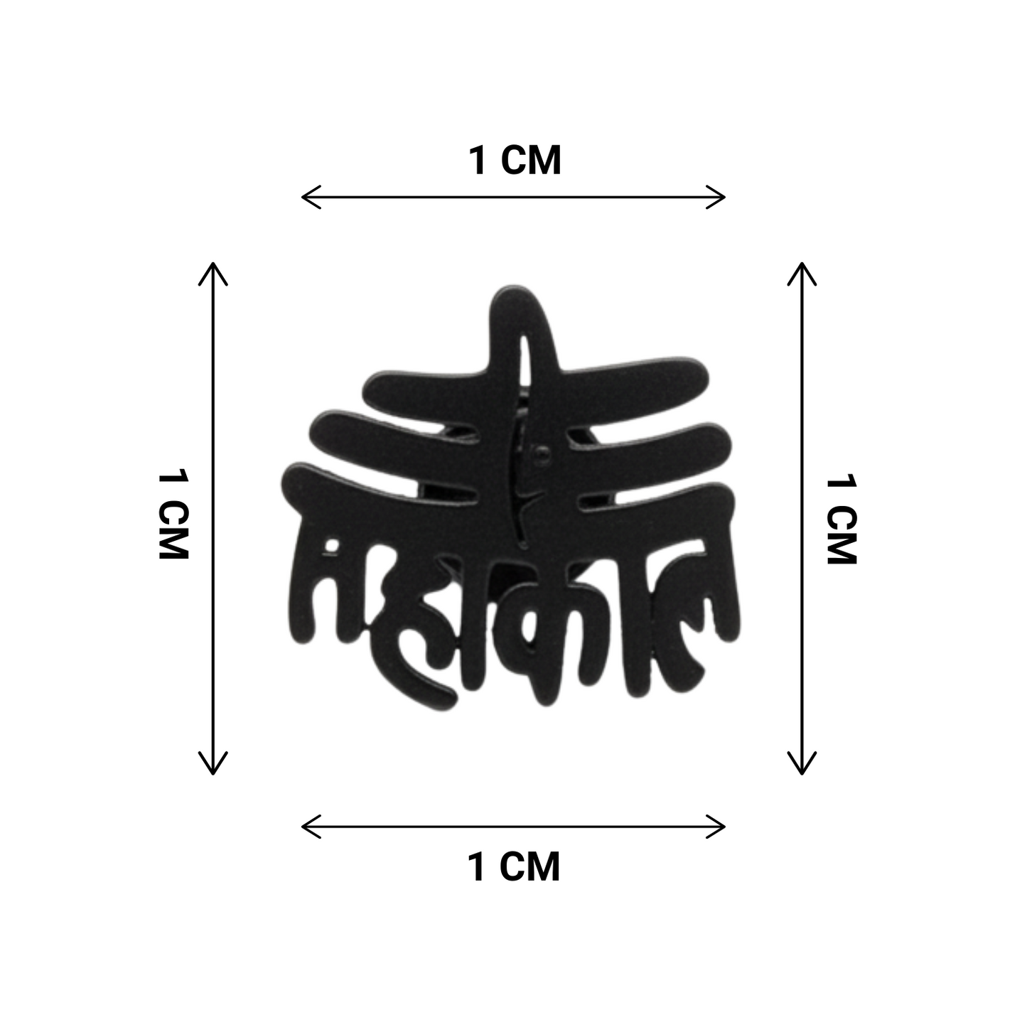 Black metal clip with dimensions indicated on a white background