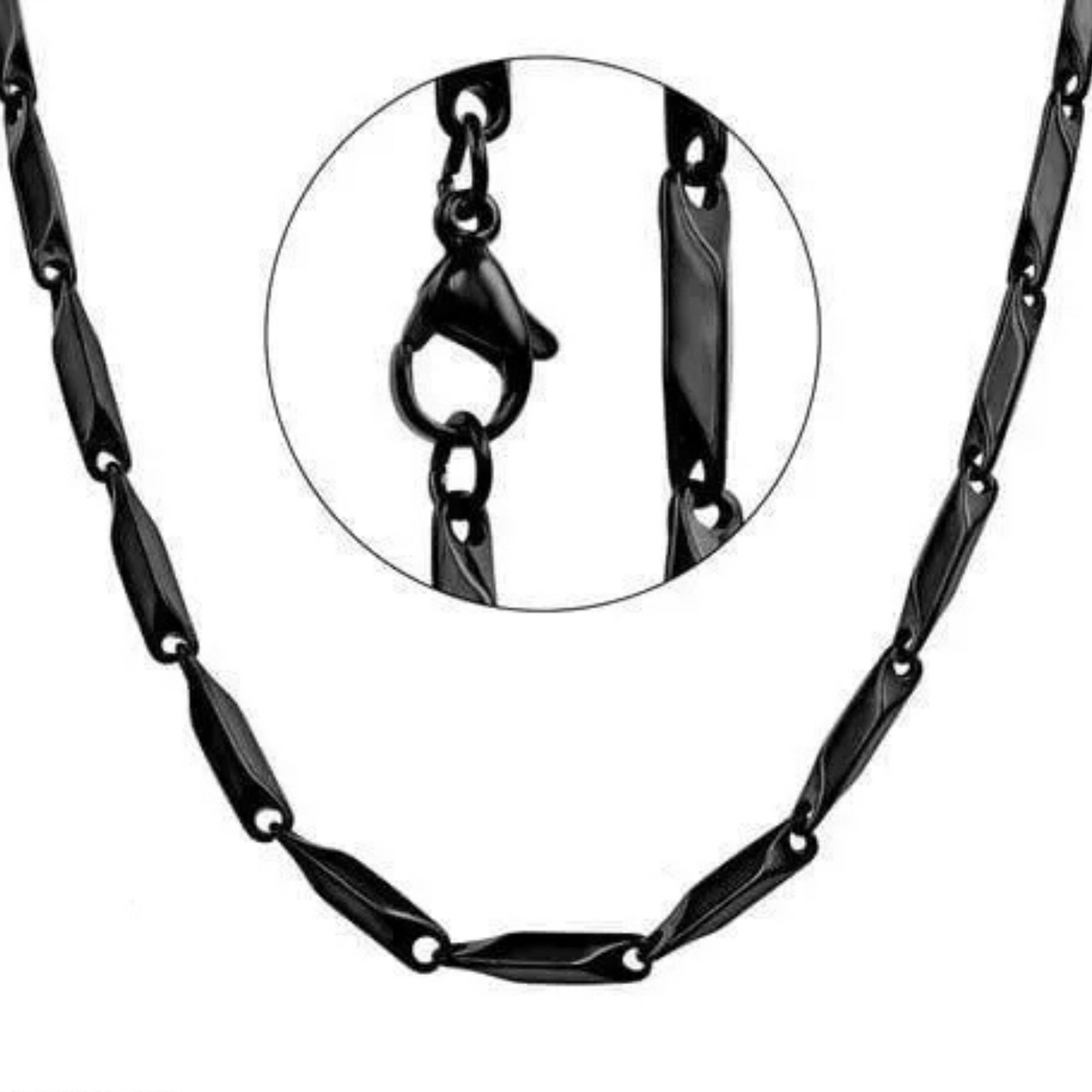 Black chain necklace with close-up of clasp on a white background