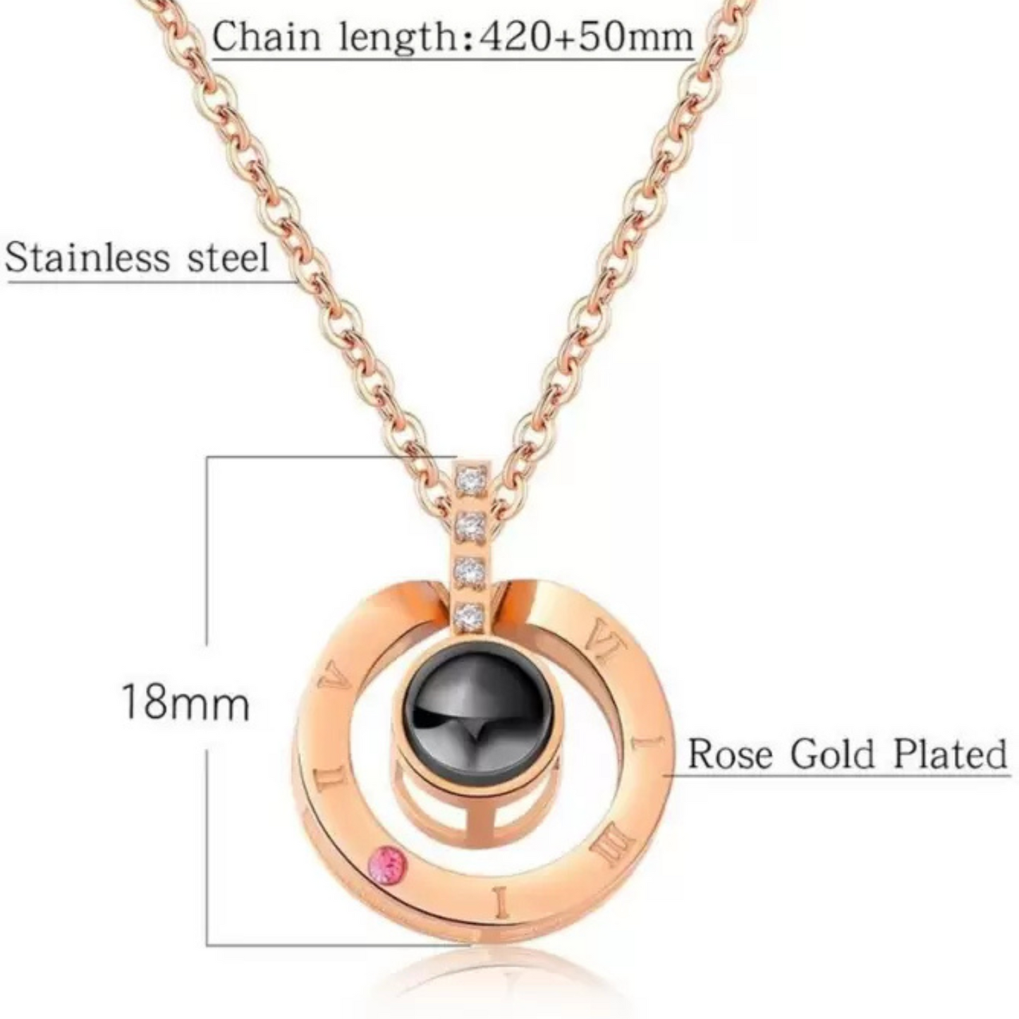 Rose gold necklace with a black pendant on a white background
