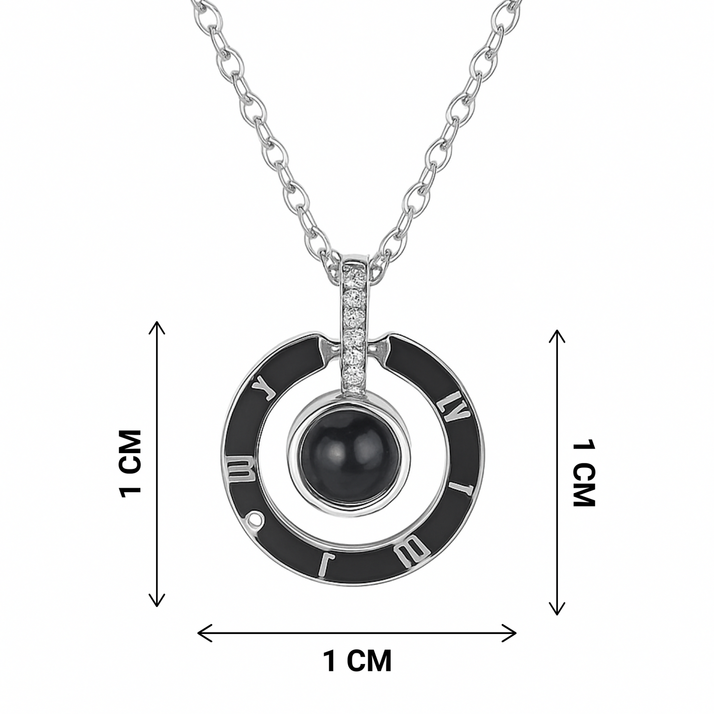Necklace with a circular pendant featuring a black gemstone and Roman numeral design, shown with measurements on a white background.