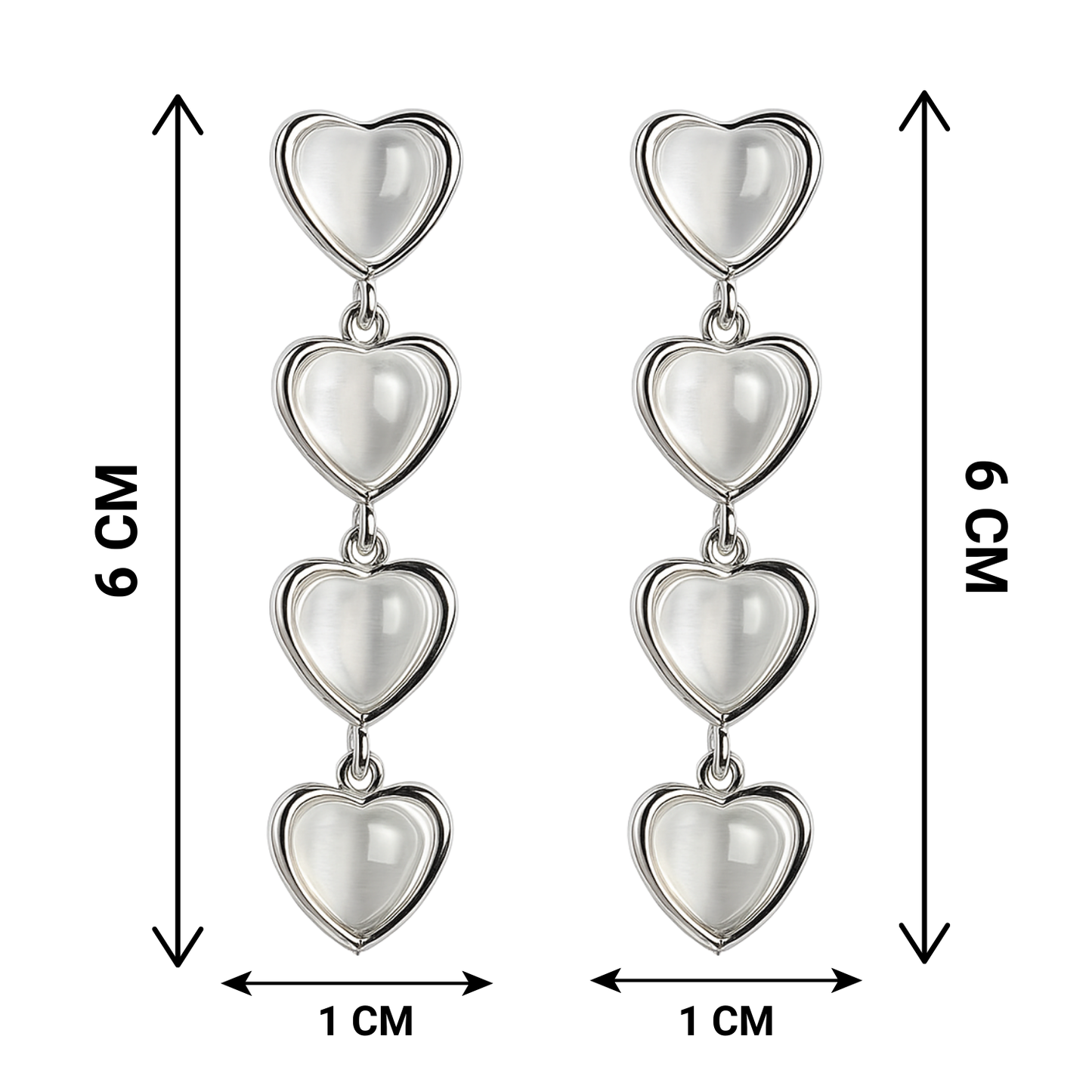 Heart-shaped earrings with measurements on a white background