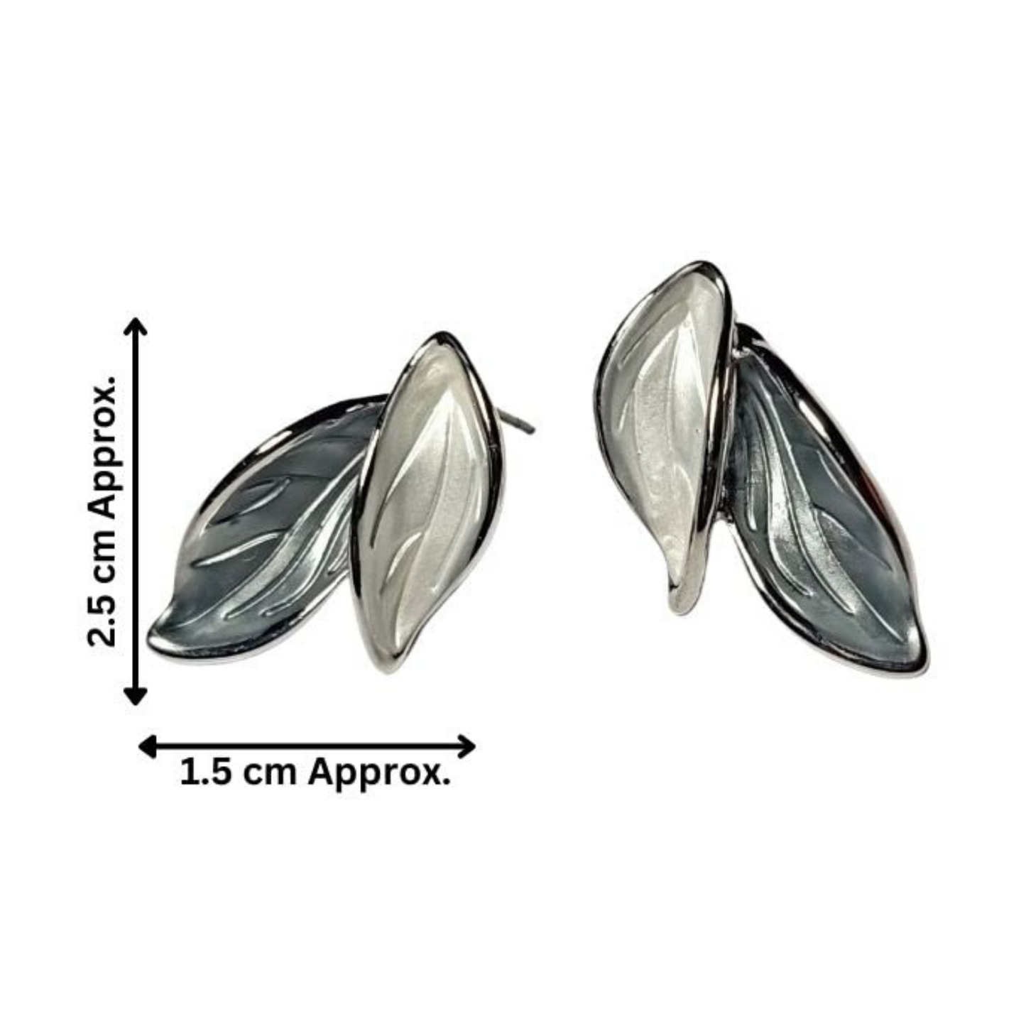 Pair of silver leaf-shaped earrings with measurements on a white background