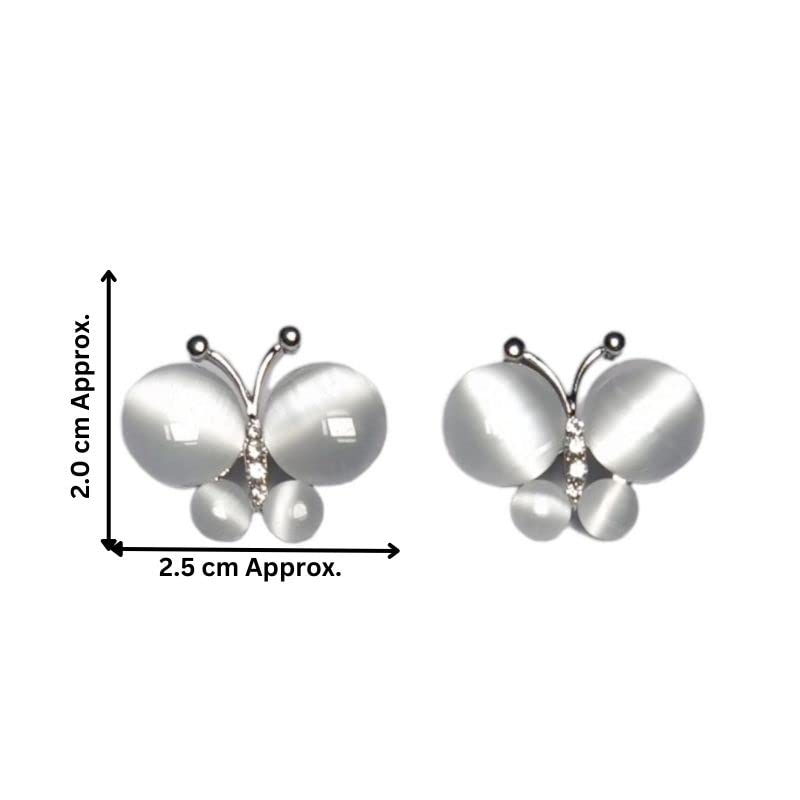 Butterfly-shaped earrings with measurement details on a white background