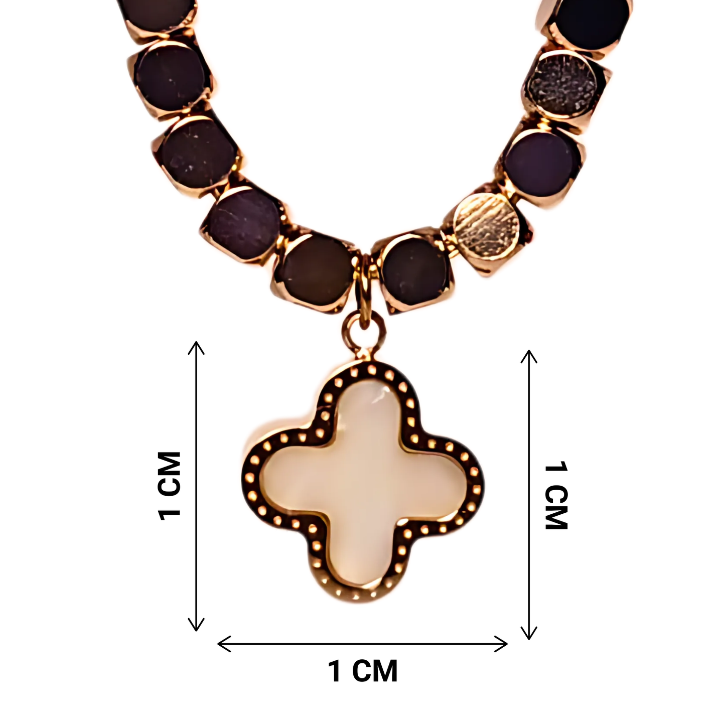 Necklace with a cross pendant and measurement markings on a white background