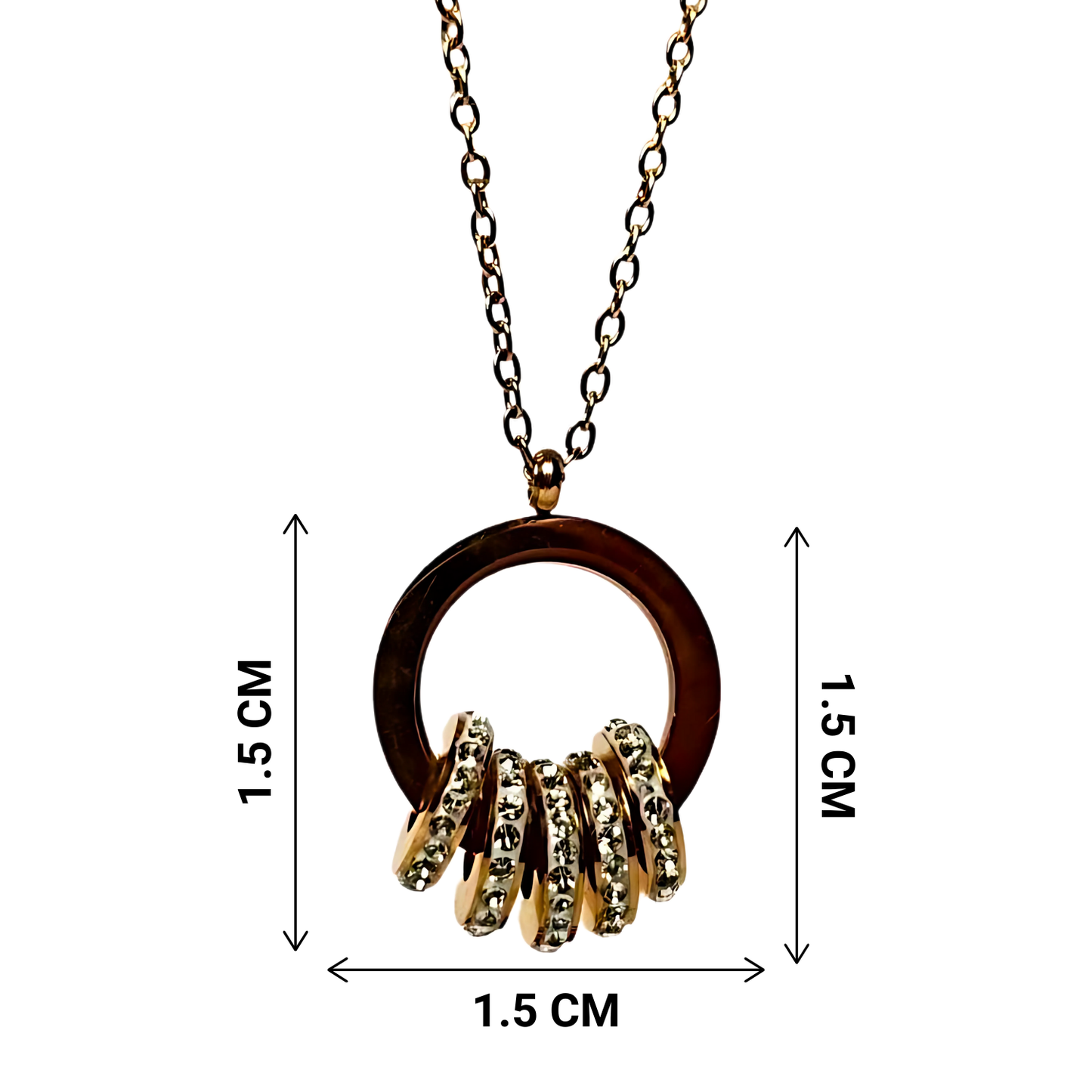 Necklace with a metal pendant and gold rings, shown with measurements on a white background.