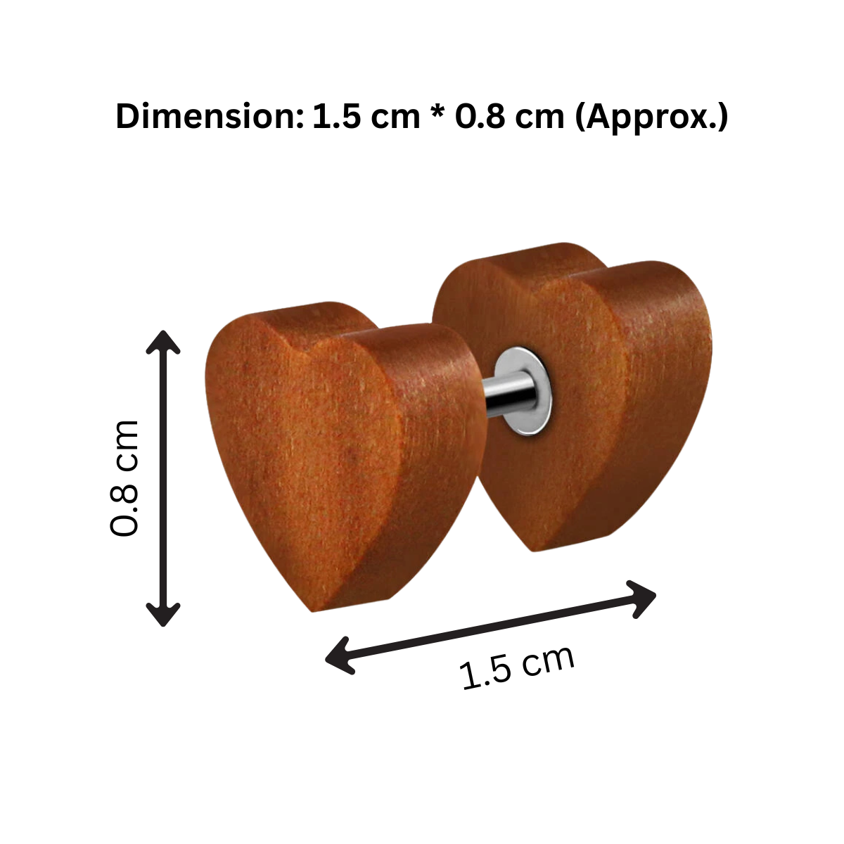 Wooden heart-shaped earrings with a metal post, shown with dimensions on a white background.
