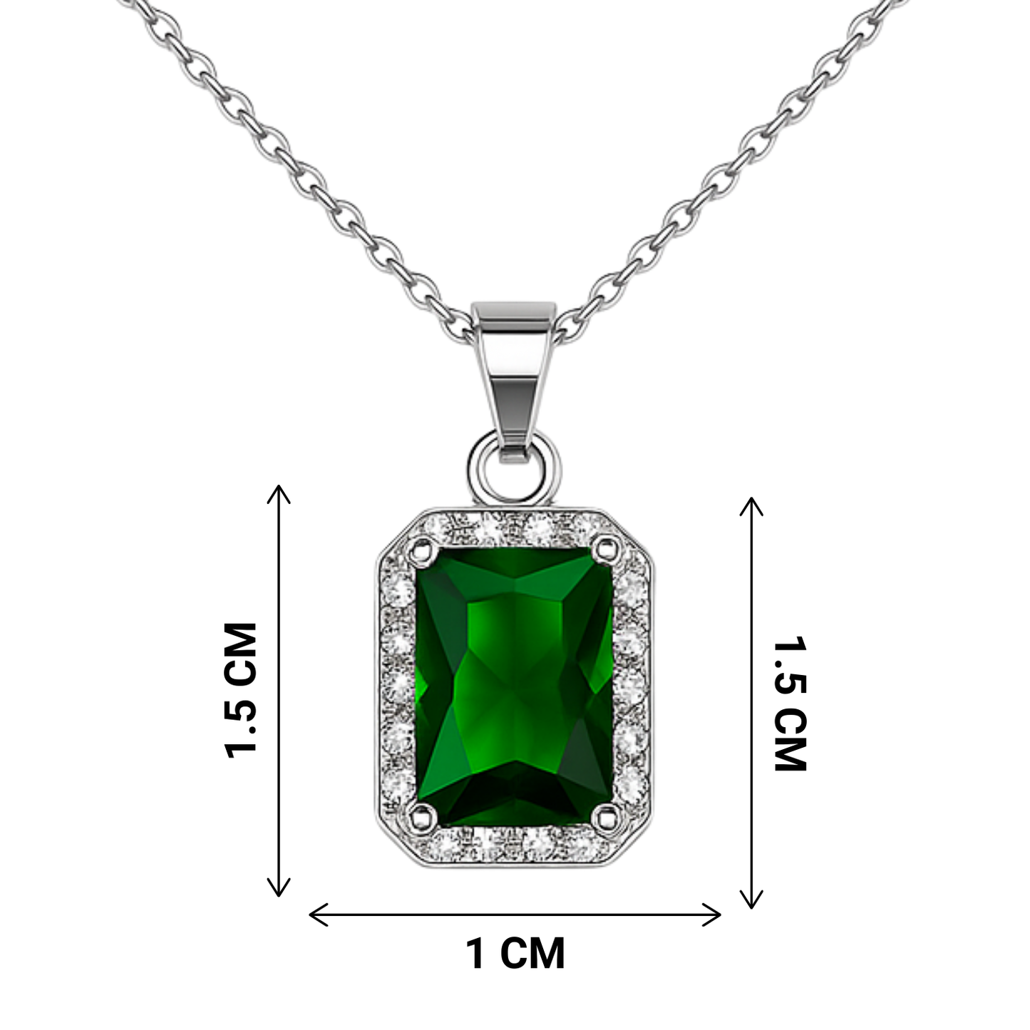 Green gemstone pendant with chain, shown with measurements on a white background