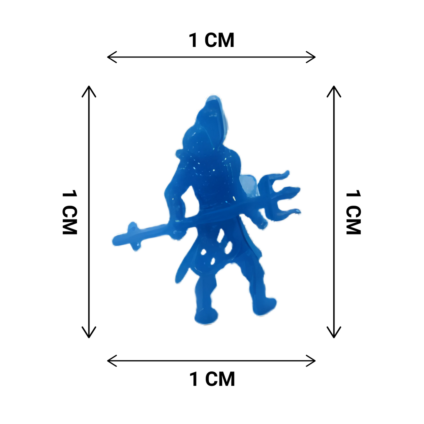 Blue shiv figurine with measurements on a white background