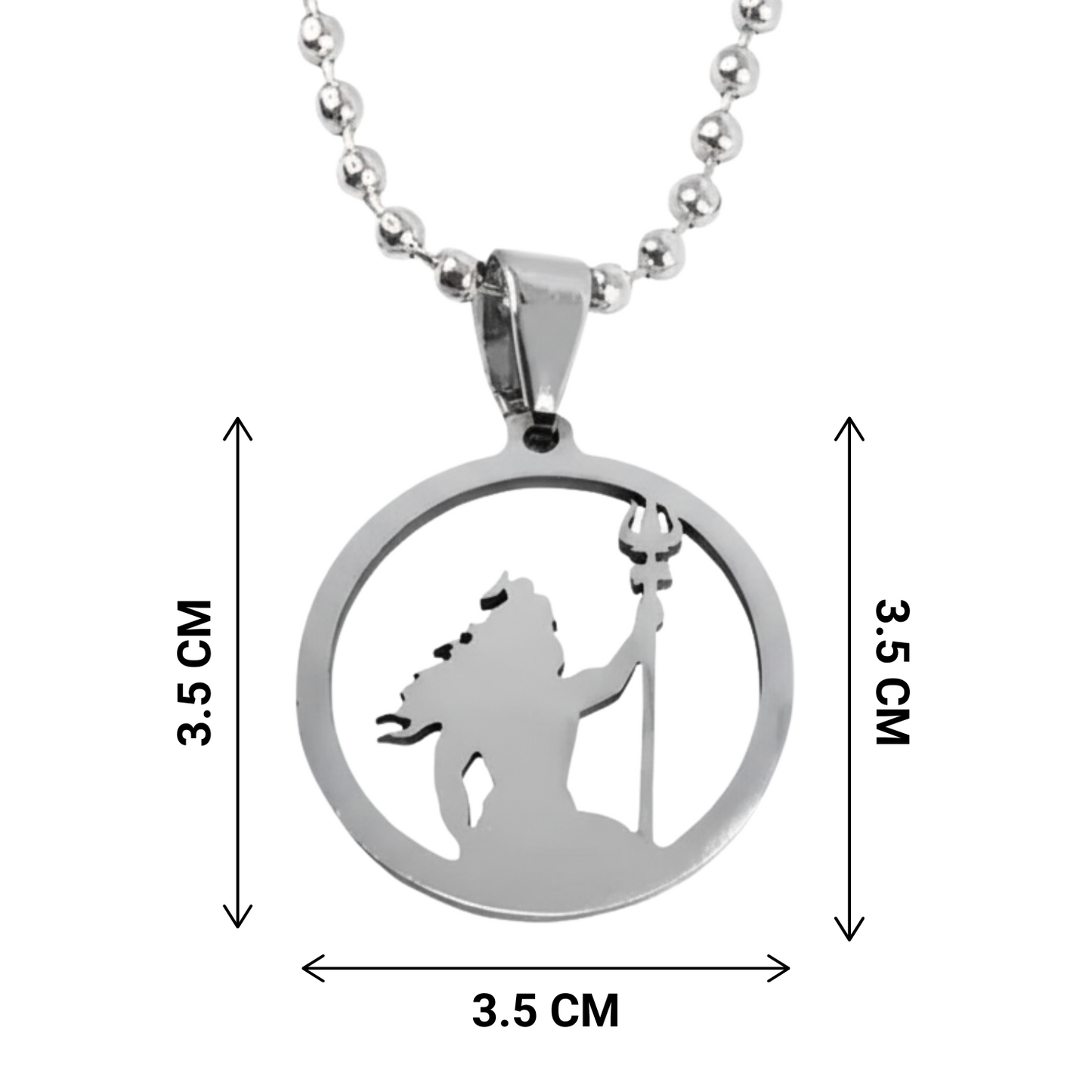 Silver pendant necklace with dimensions on a white background