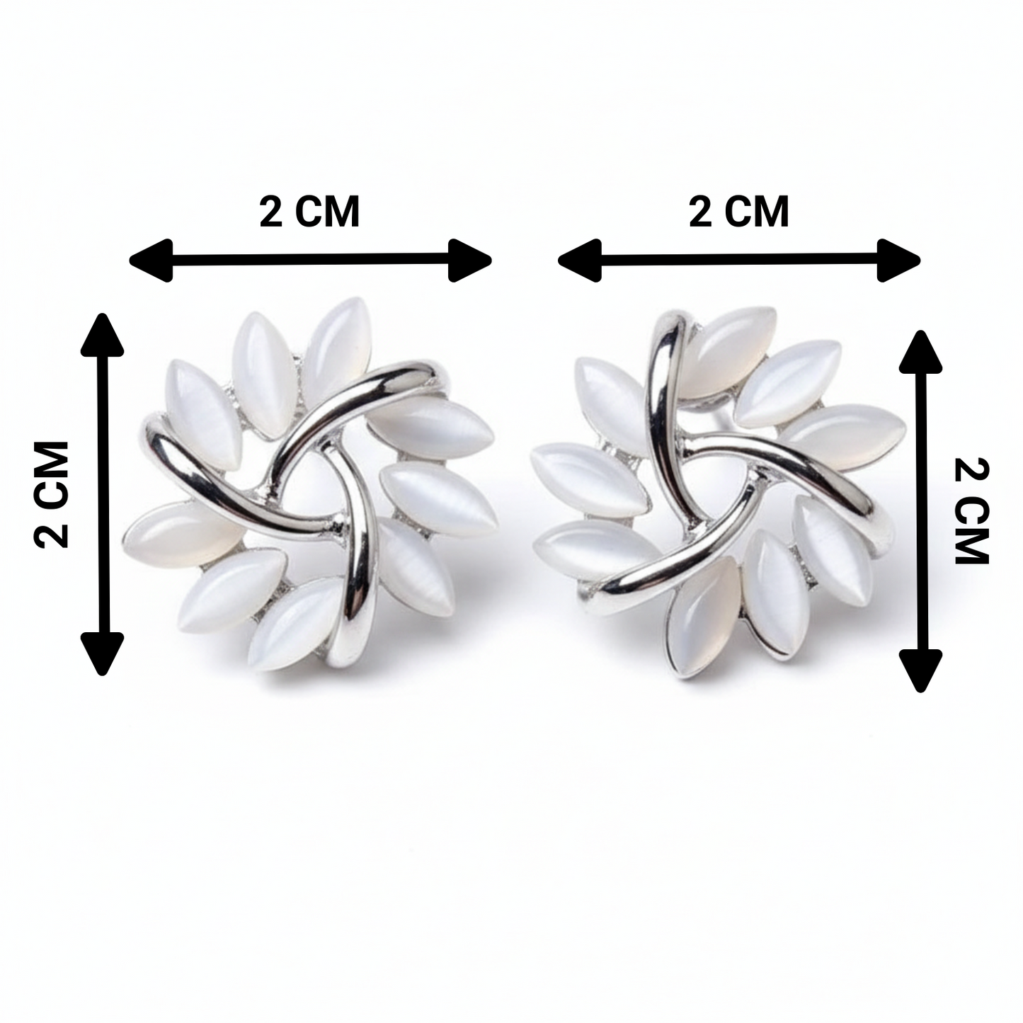 Pair of silver earrings with white stones, shown with measurements on a white background