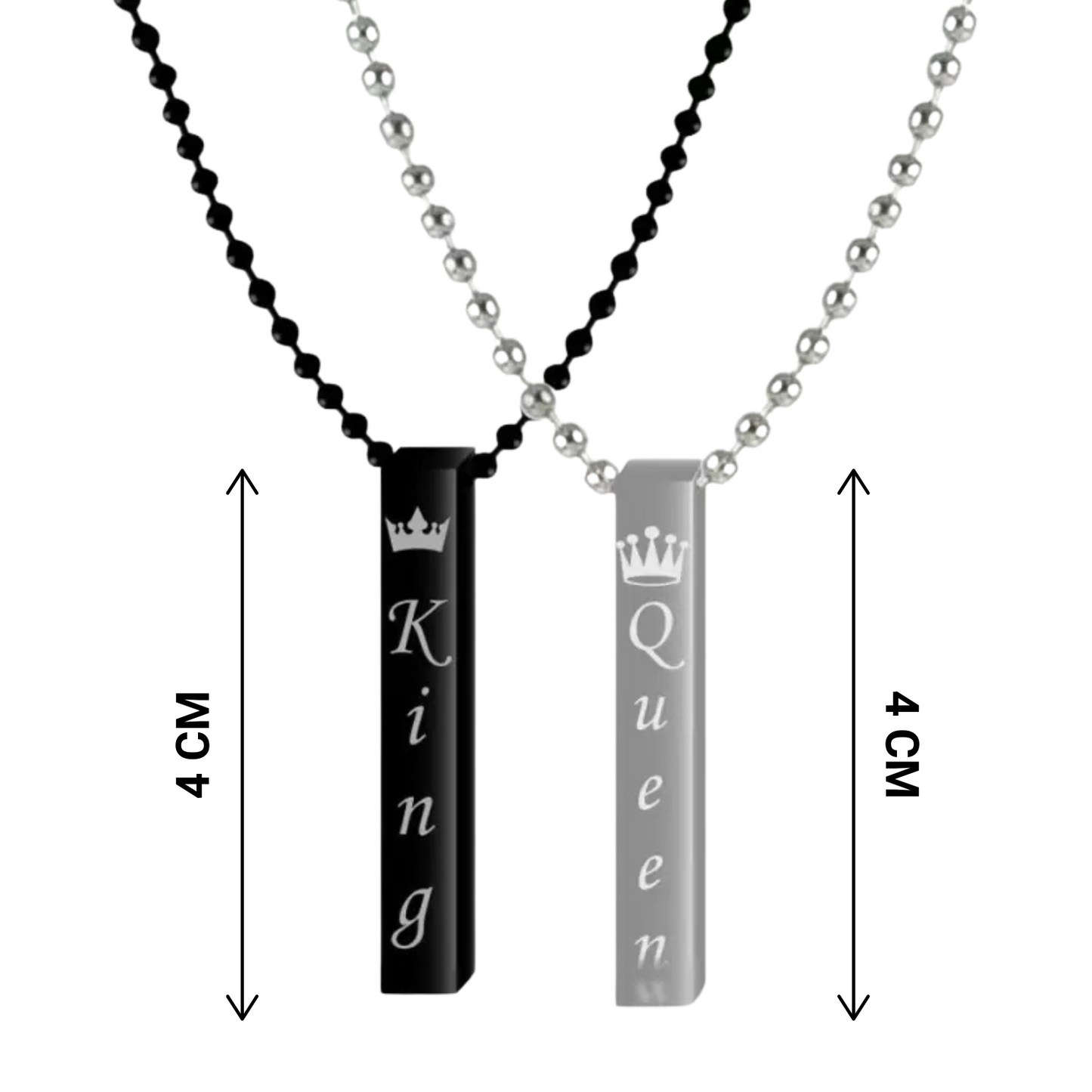 Two necklaces with 'King' and 'Queen' pendants on black and silver chains, respectively.