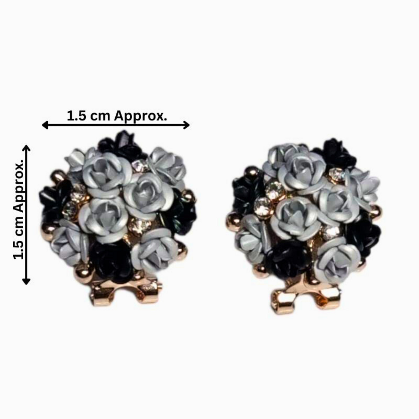 Pair of floral earrings with measurements on a white background