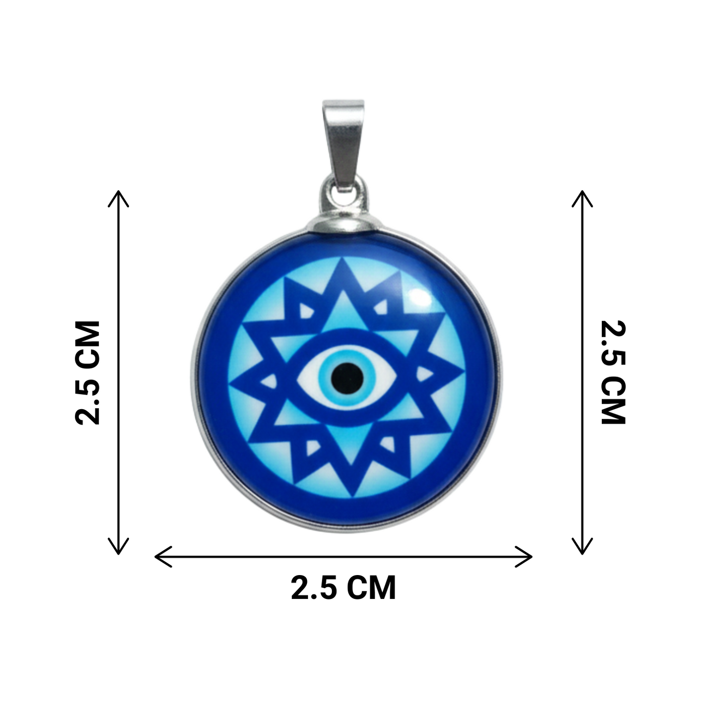 Blue and silver pendant with star design and measurement details on a white background