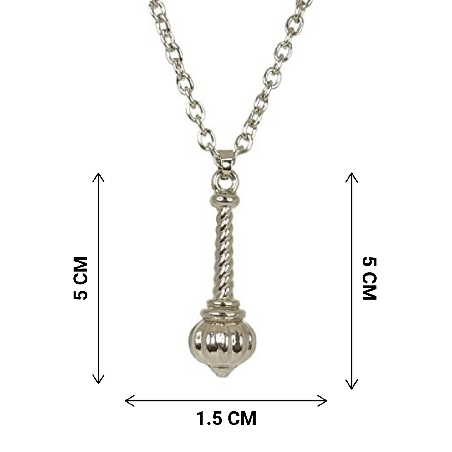 Silver necklace with pendant dimensions shown on a white background