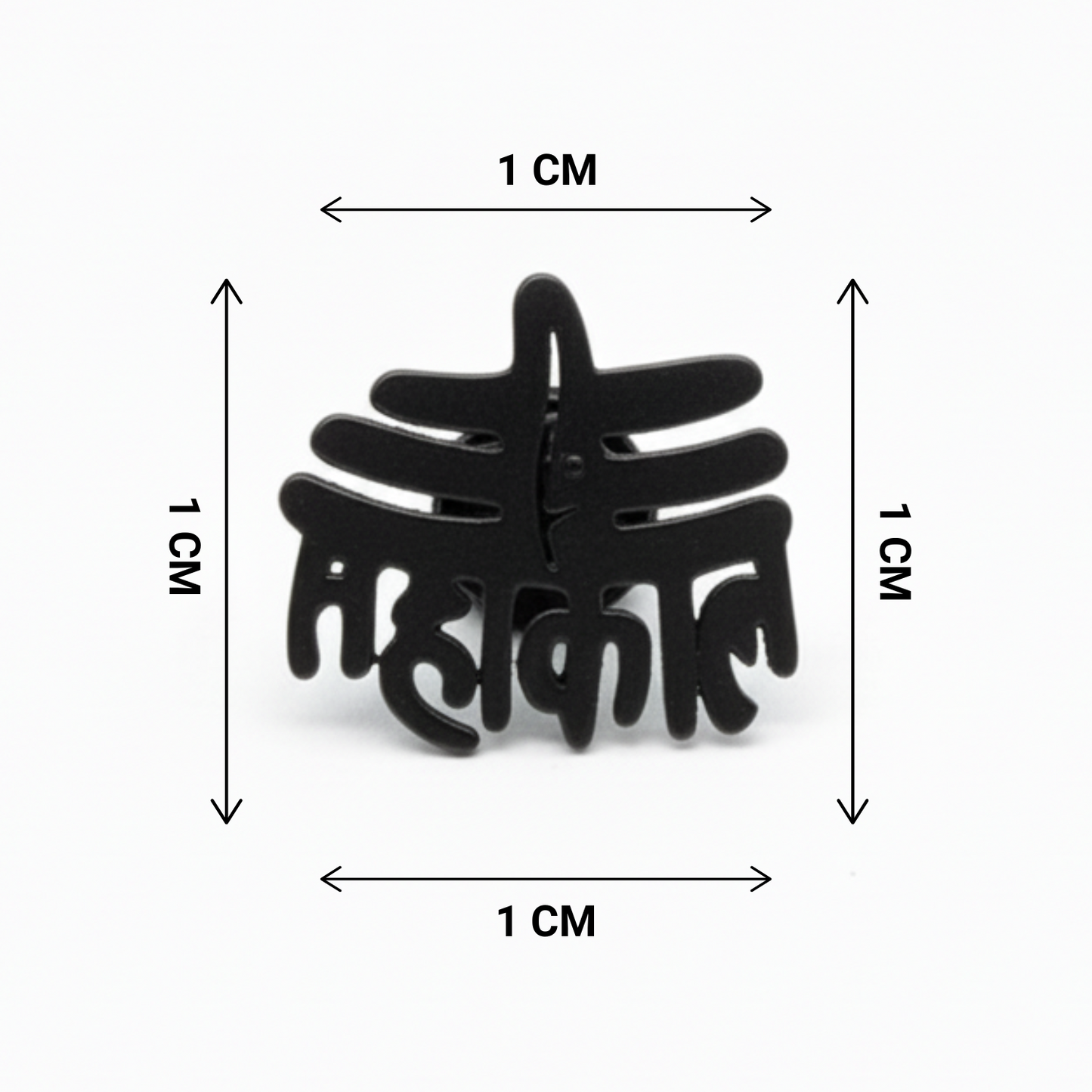 Black hair clip with measurements on a white background