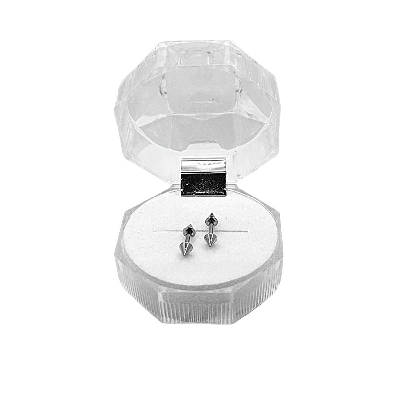Silver earrings in a clear hexagonal jewelry box on a white background