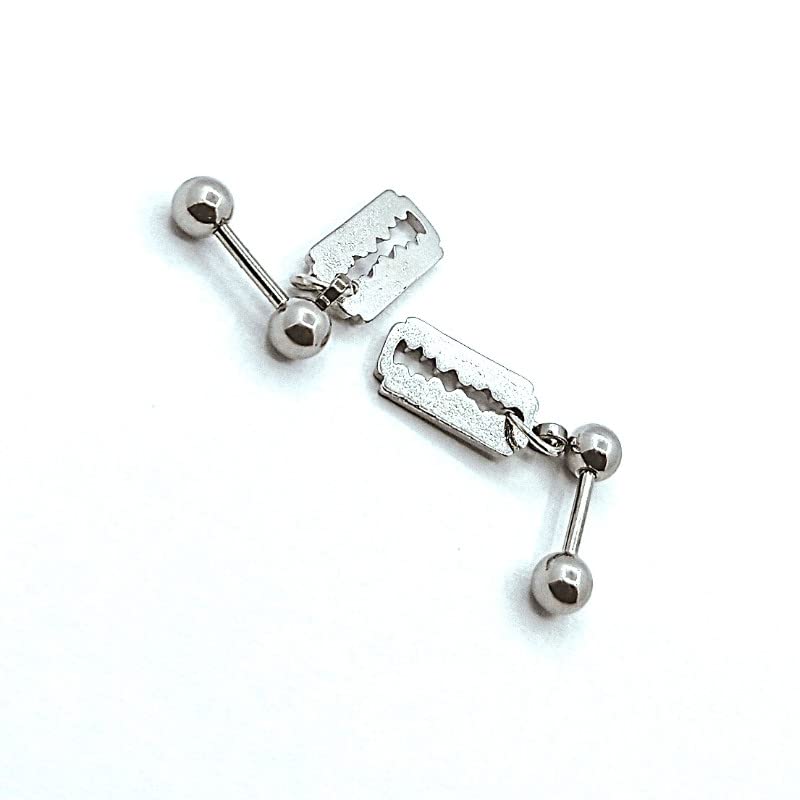 Pair of silver barbell earrings on a white background
