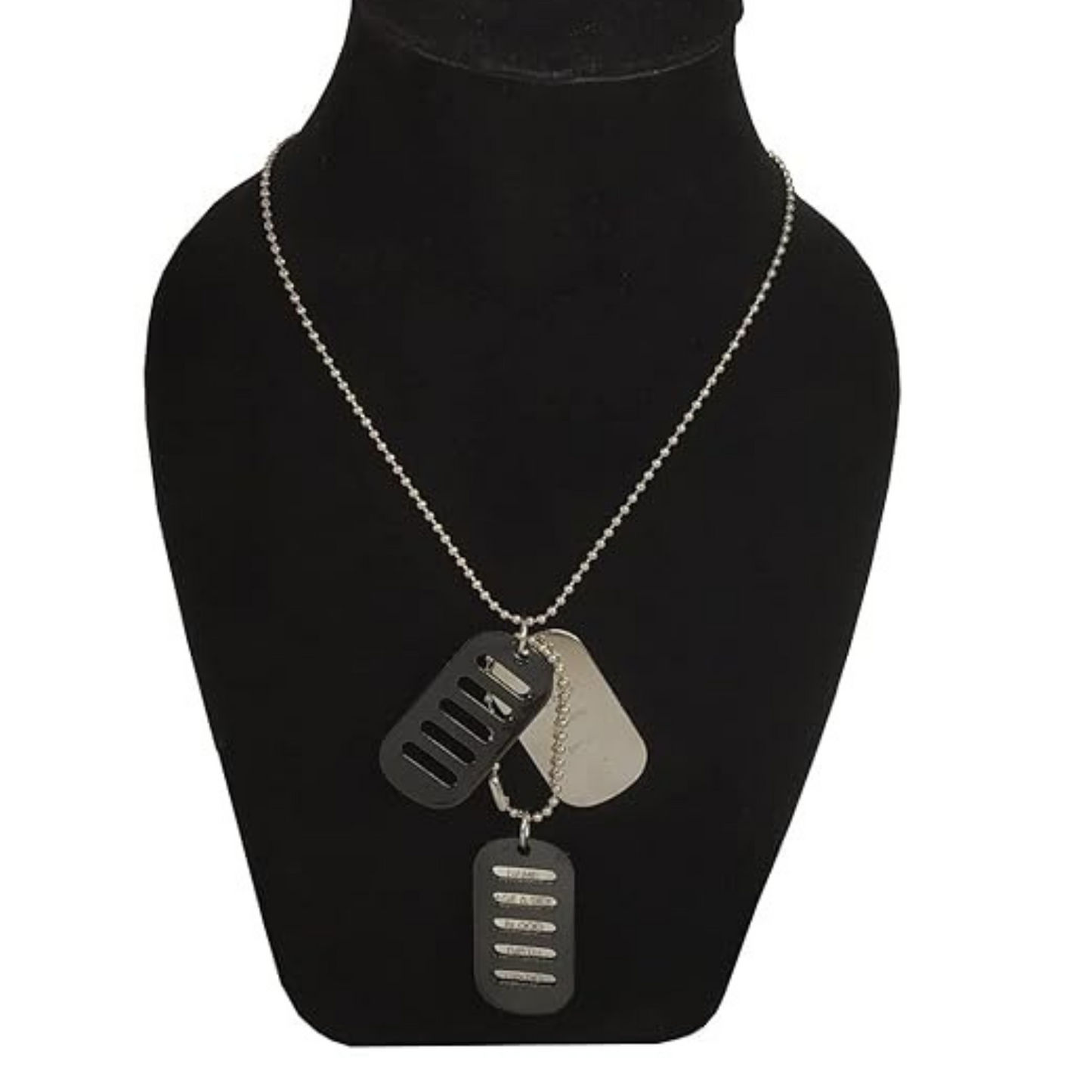 Necklace with name birth tags on a black bust