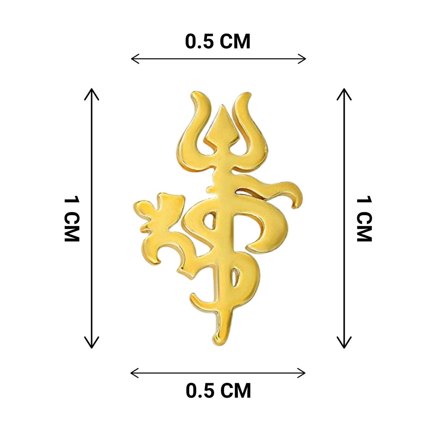 Gold om trishul symbol with measurements on a white background