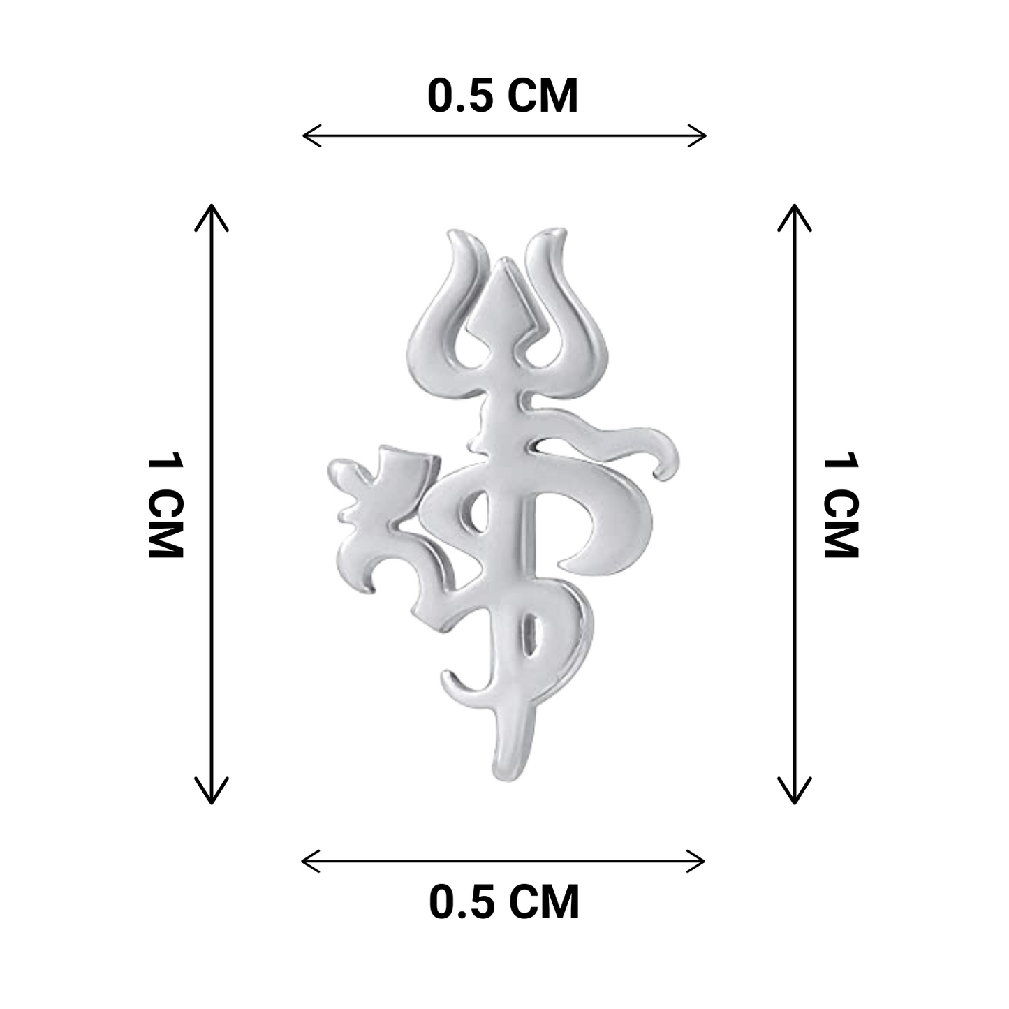 Silver om trishul symbol with dimensions labeled on a white background