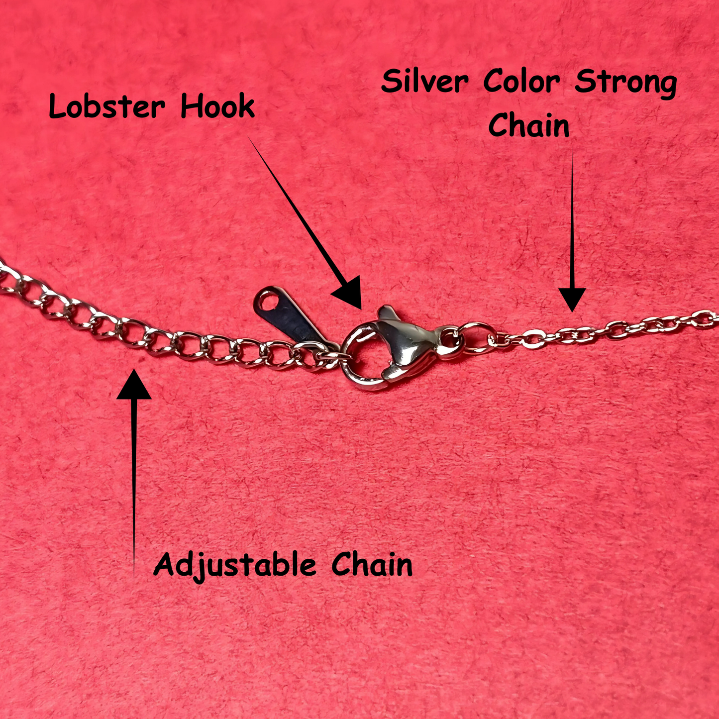 Silver chain bracelet with labeled parts on a pink background