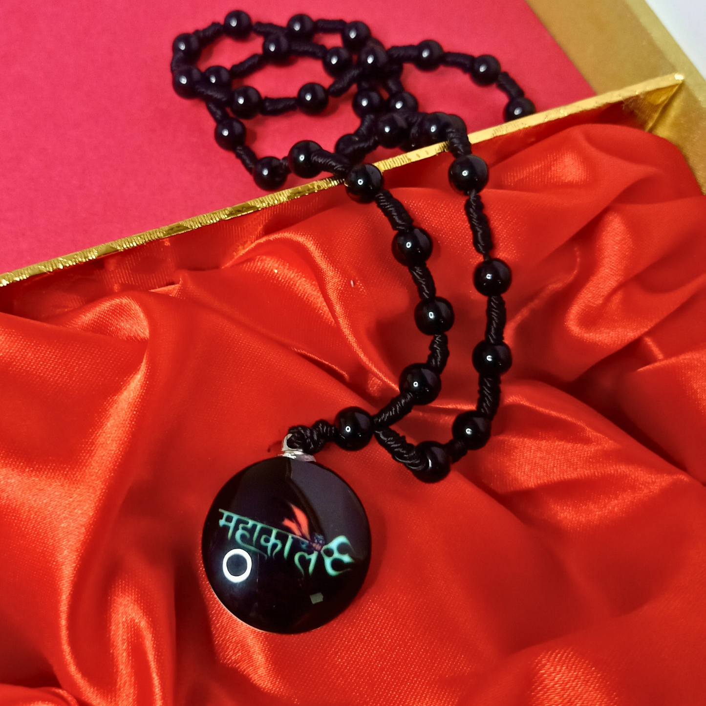 Mahakal name black beads glass pendant necklace