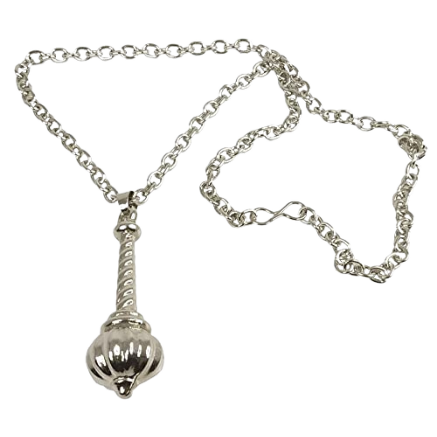 Silver necklace with a unique pendant on a white background