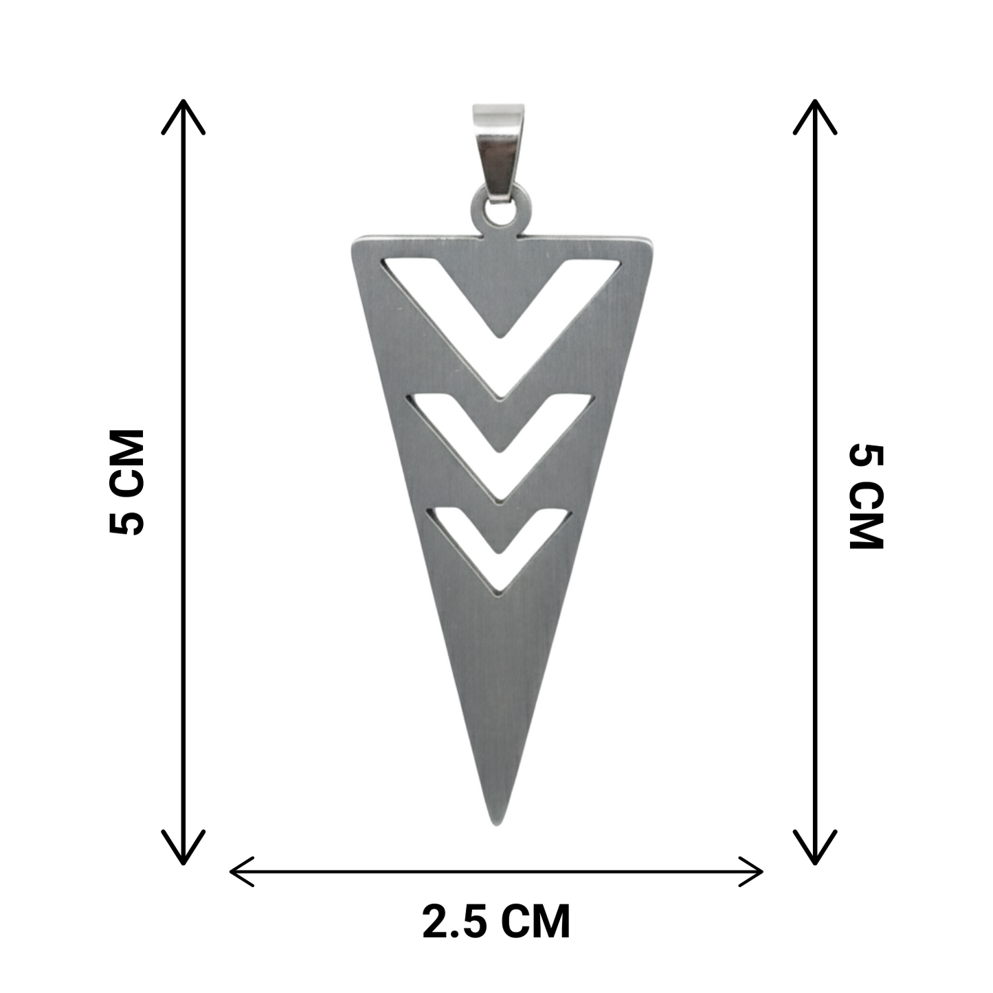 Silver pendant with arrow design and measurements on a white background