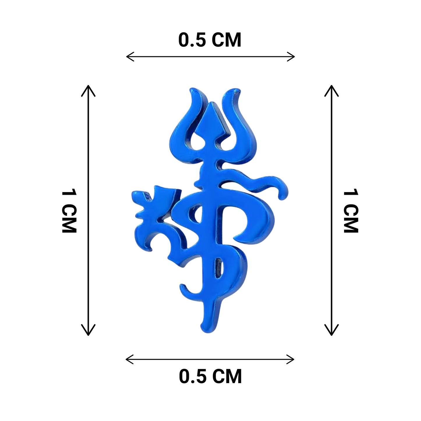 Blue om symbol with dimensions labeled on a white background