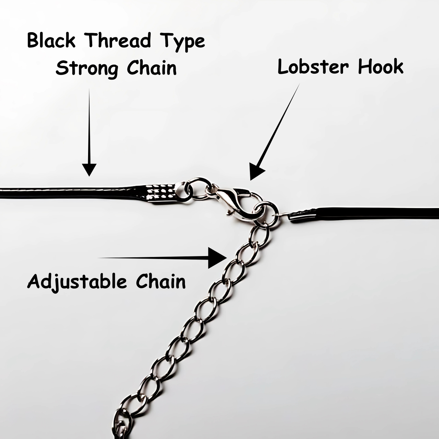 Black thread with adjustable chain, lobster hook, and strong chain on a white background