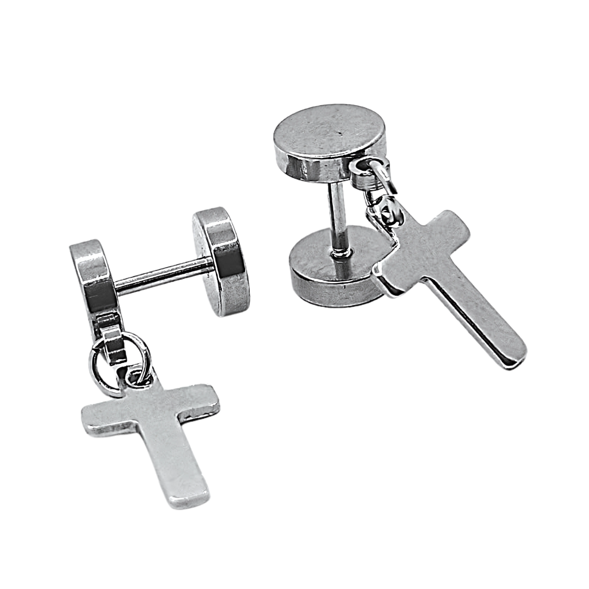 Pair of silver cross earrings on a white background