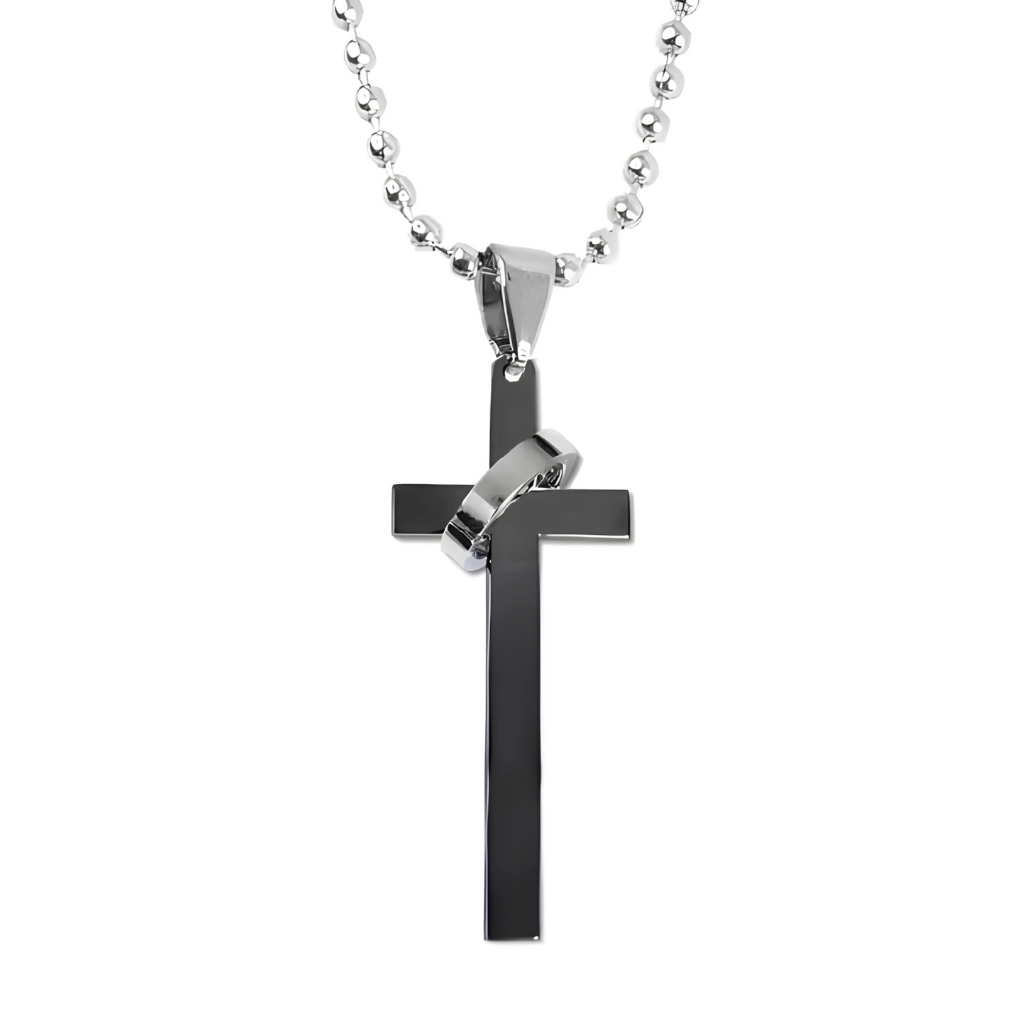 Black cross pendant on a silver chain against a white background