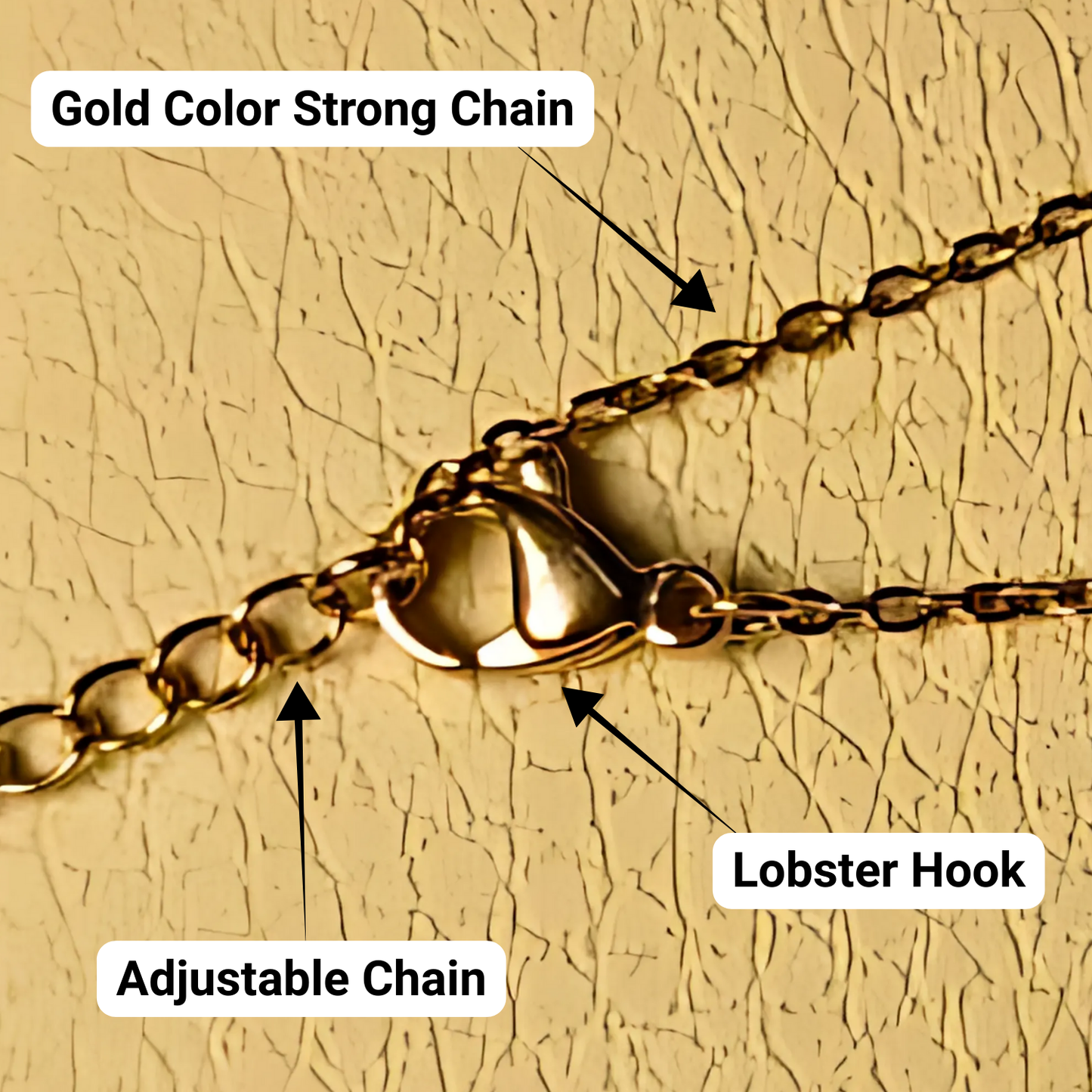 Gold color strong chain with lobster hook and adjustable chain on a beige background