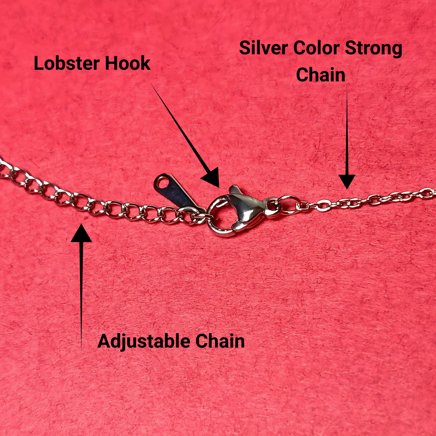 Silver chain necklace with labeled parts on a red background