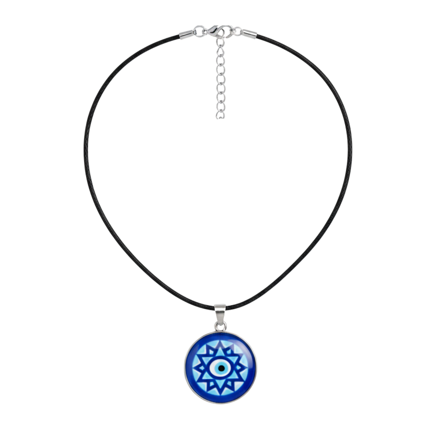 Necklace with a blue evil eye pendant on a white background