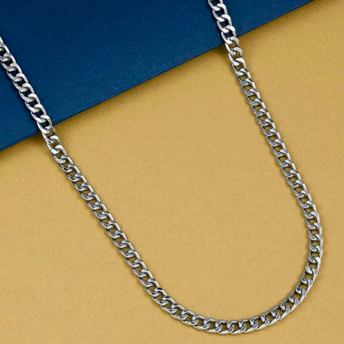 Silver chain necklace on a blue and beige background