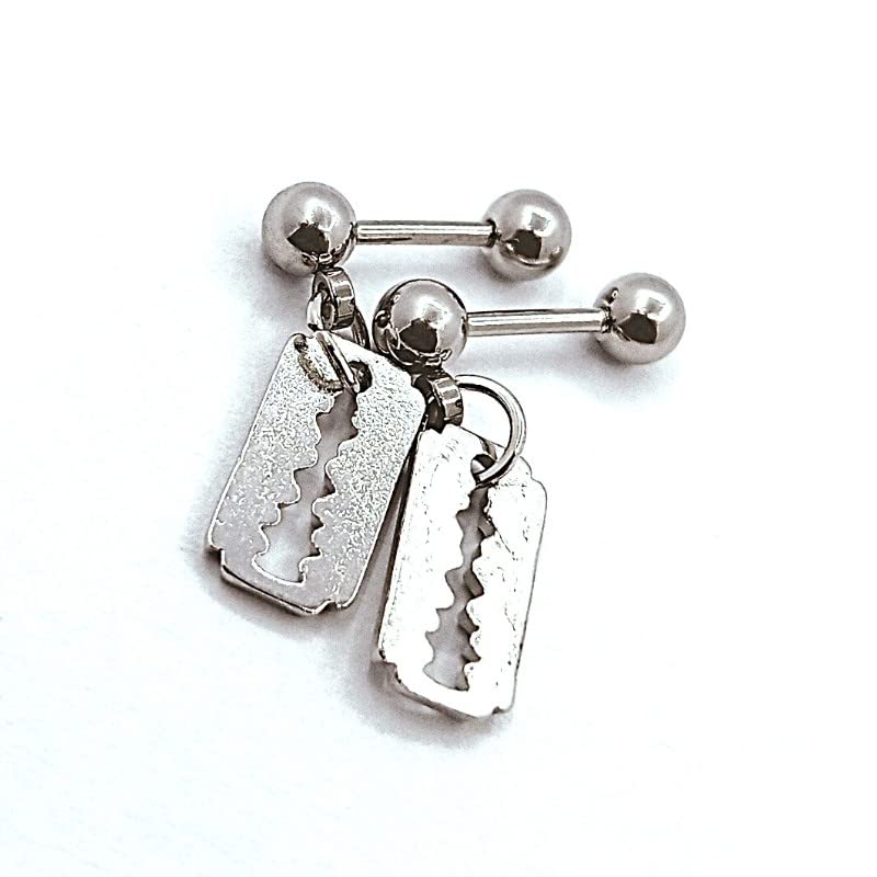 Silver belly button ring with razor blade design on a white background