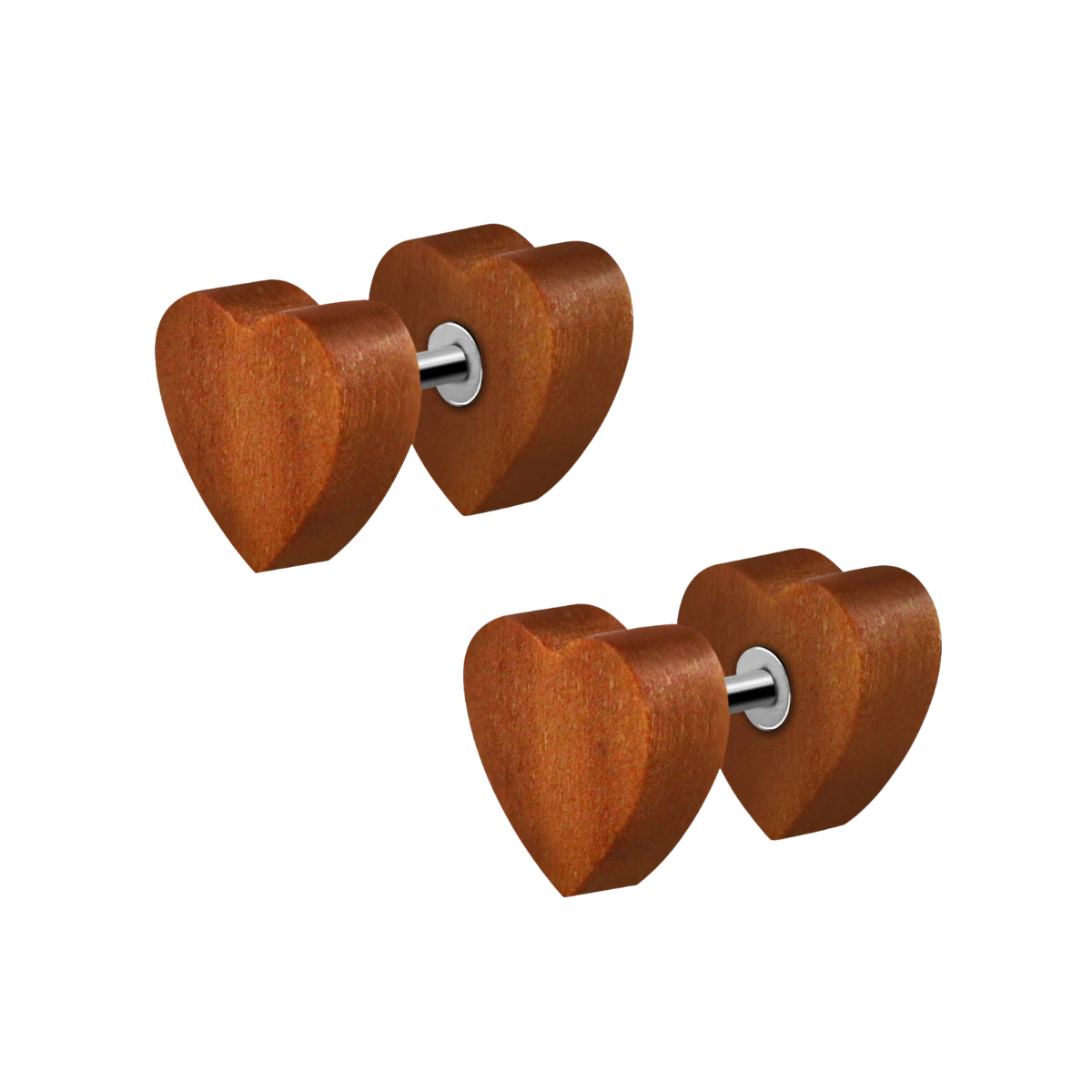 Wooden heart-shaped earrings with metal posts on a white background