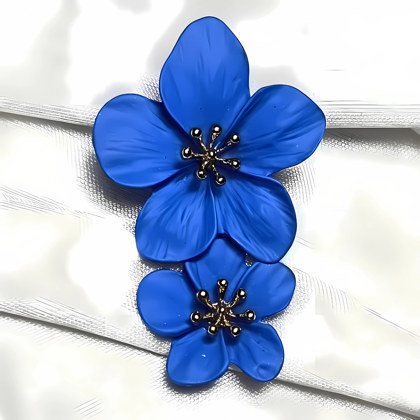 Blue flower-shaped brooch on a textured white background